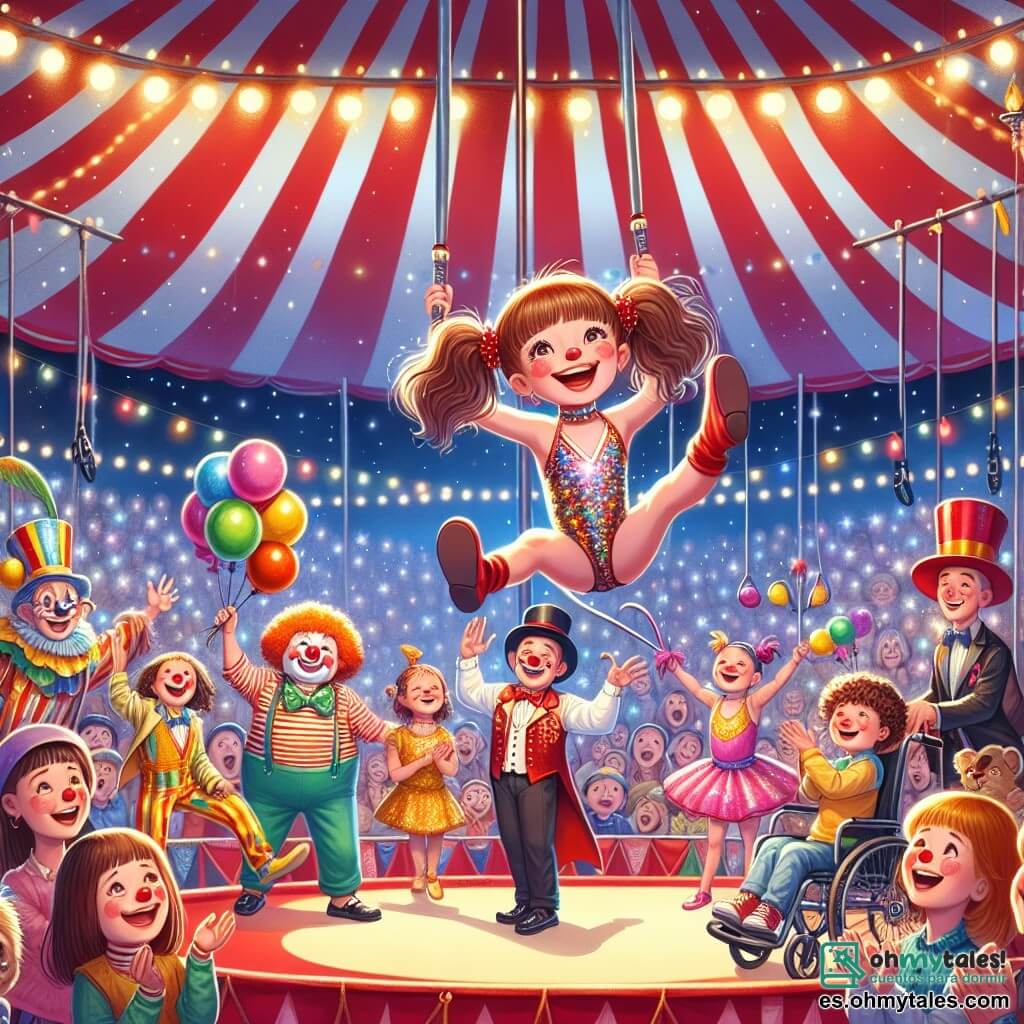 Ilustración que representa un circo colorido bajo una gran carpa a rayas rojas y blancas, lleno de luces centelleantes y risas de niños. En el centro del escenario, una niña de unos 8 años, con dos coletas y una sonrisa radiante, realiza piruetas aéreas en un trapecio, vestida con un traje brillante. A su lado, un niño de unos 9 años, con una gorra roja y una nariz de payaso, hace muecas hilarantes para divertir al público. Otro niño, de 10 años, vestido de malabarista con un chaleco colorido, lanza pelotas al aire con entusiasmo. Por último, una niña en silla de ruedas, de 9 años, lleva un gran sombrero de maga y hace aparecer una paloma de su sombrero, cautivando a la audiencia. Al fondo, espectadores maravillados aplauden, mientras un león juguetón juega con pelotas de colores, añadiendo un toque de magia a esta escena animada y alegre.