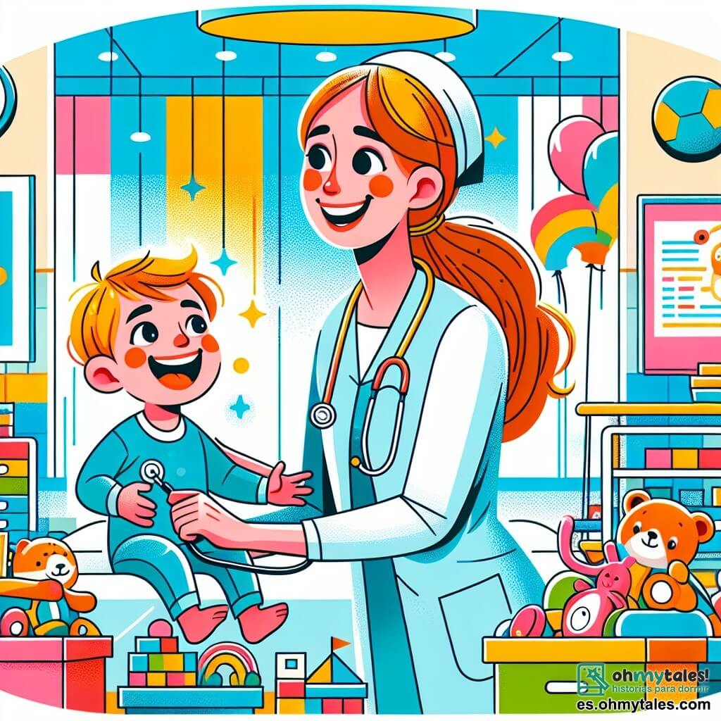 Une illustration destinée aux enfants représentant une jeune femme passionnée par la médecine, aidant un enfant souriant dans un hôpital lumineux et coloré rempli de jouets et dessins joyeux.