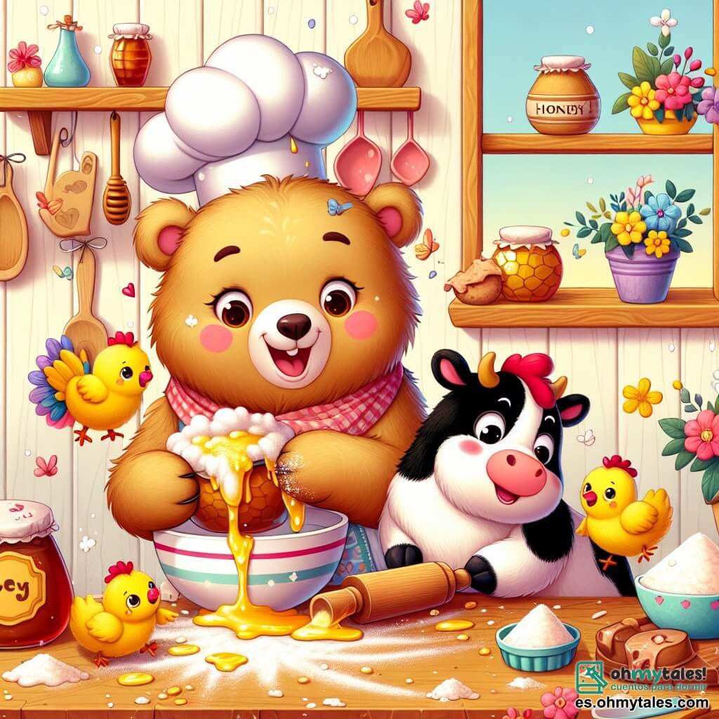 Ilustración que representa una cocina colorida y acogedora, con paredes pintadas de amarillo pastel y estanterías llenas de tarros de miel y flores. En el centro, una adorable osa de pelaje marrón claro, con grandes ojos brillantes y una sonrisa traviesa, está vertiendo miel en un gran bol, salpicando por todas partes. A su lado, un gallináceo de plumas brillantes, con un pico rojo vivo, canta alegremente mientras salta sobre el mostrador, mientras que una vaca de pelaje blanco y negro, con ojos suaves y curiosos, intenta atrapar un puñado de harina que cae de la encimera. La escena está llena de risas y caos, con harina flotando en el aire y flores esparcidas por el suelo, creando una atmósfera alegre y divertida.