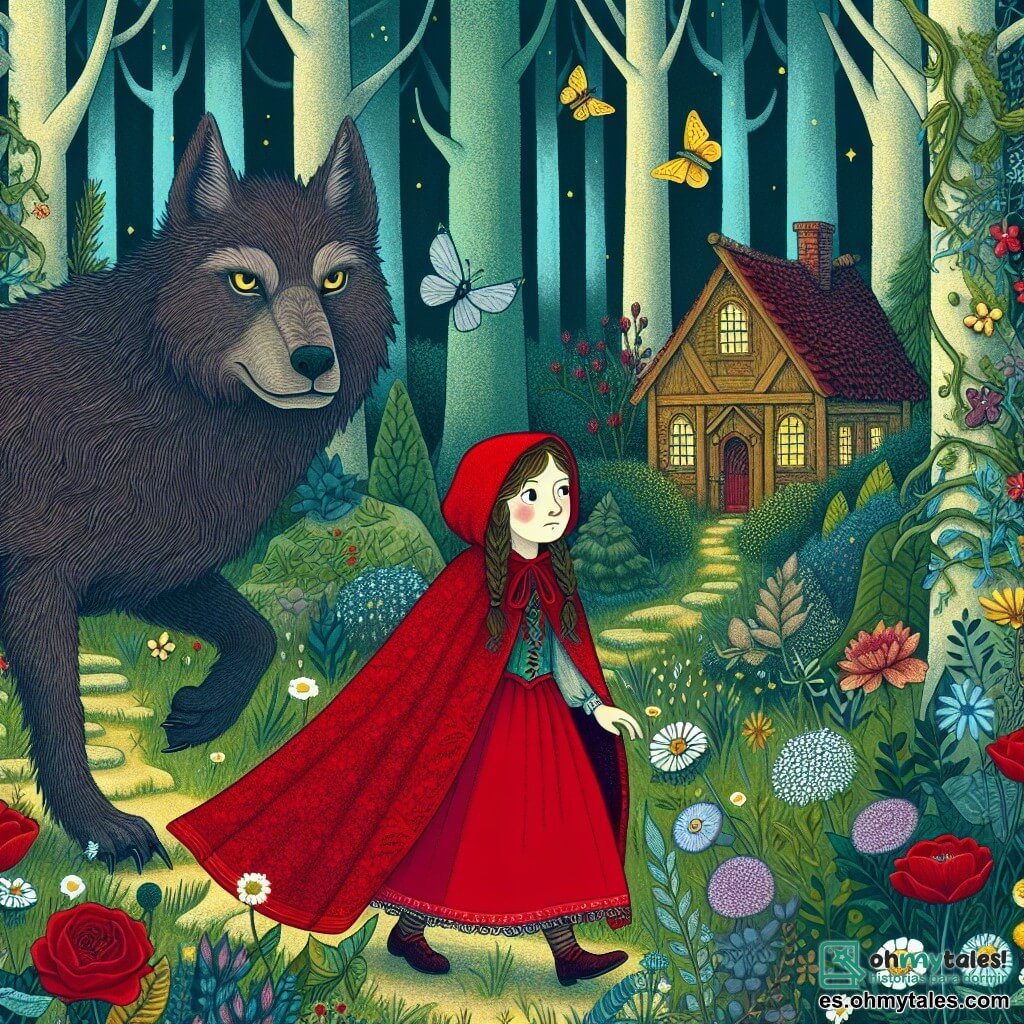 Une illustration destinée aux enfants représentant une jeune fille courageuse, vêtue d'une cape rouge vif, se promenant dans un luxuriant et enchanté bois de géants, accompagnée d'un loup au pelage sombre et aux yeux tristes, dans une maisonnette en bois ornée de fleurs sauvages et de papillons virevoltants.