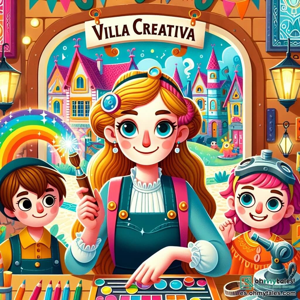 Une illustration destinée aux enfants représentant une inventrice brillante travaillant dans un atelier magique, accompagnée de deux enfants curieux, dans le village coloré et animé de Villa Creativa.
