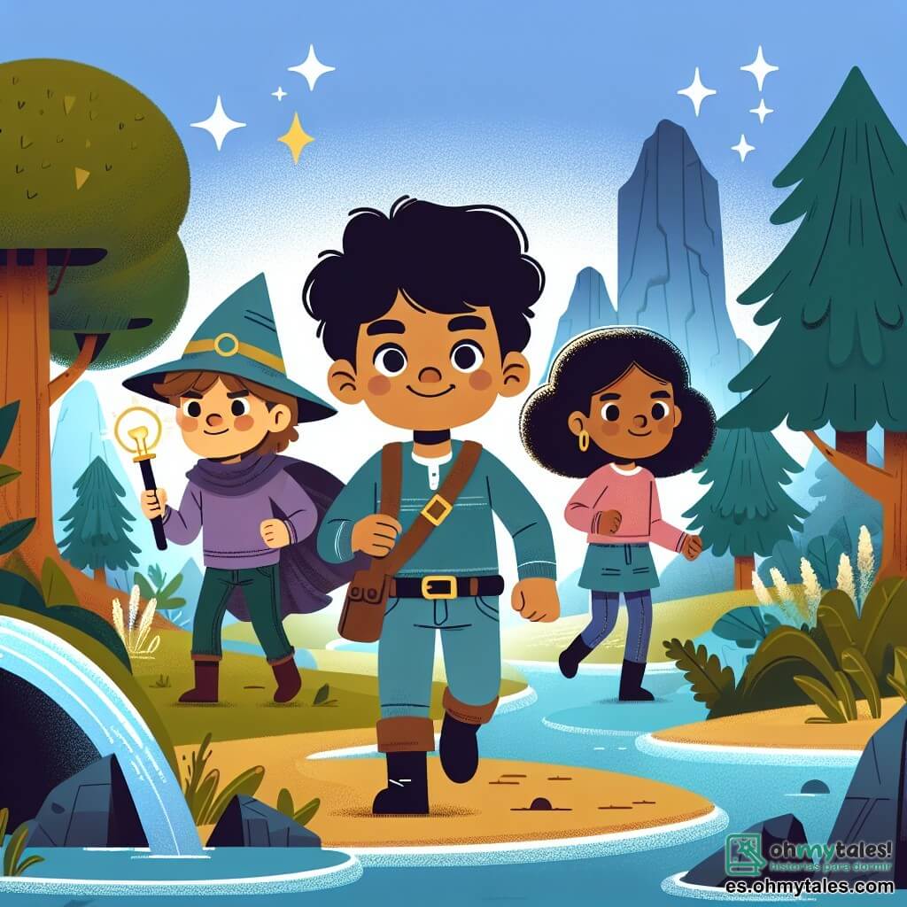 Une illustration destinée aux enfants représentant un petit garçon courageux et curieux, accompagné de ses amis, une fille intelligente et un garçon audacieux, explorant une île mystérieuse avec des arbres géants, un ruisseau scintillant et une grotte sombre remplie de mystères.