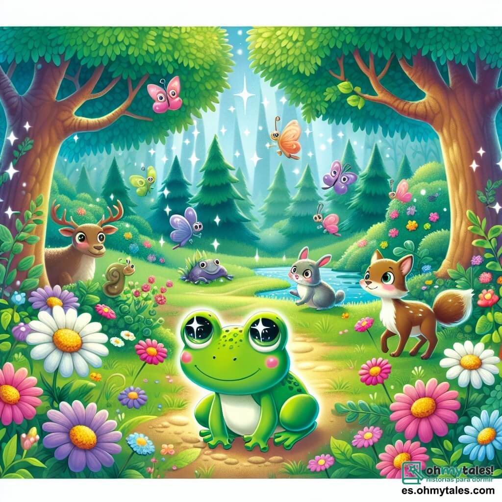 Une illustration destinée aux enfants représentant une charmante grenouille au regard pétillant, se retrouvant dans une forêt enchantée entourée de fleurs colorées, où elle fera la rencontre d'animaux intrigants.