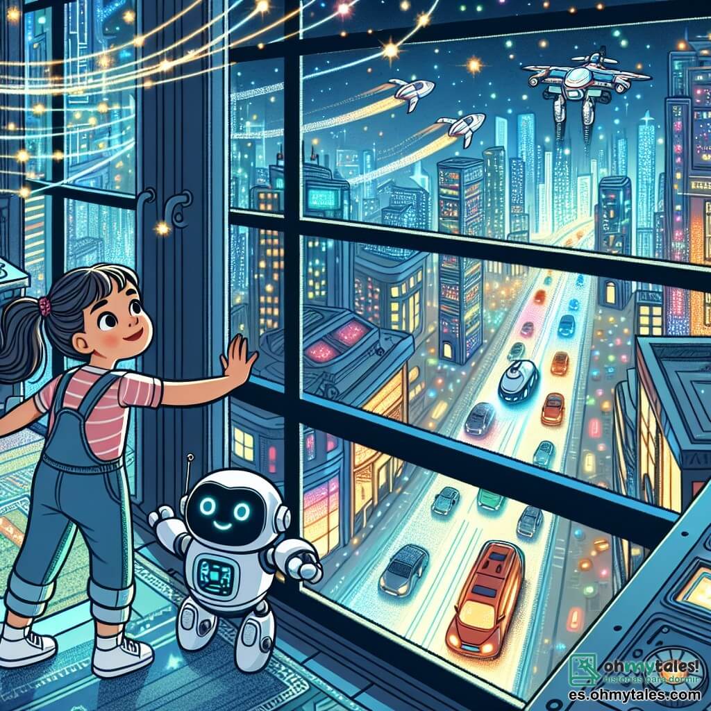 Une illustration destinée aux enfants représentant une jeune fille curieuse découvrant une ville futuriste étincelante en compagnie de son fidèle robot, dans la scène principale de l'histoire, se déroulant dans un appartement au sommet d'un gratte-ciel surplombant une ville aux rues illuminées de lumières colorées et aux véhicules volants.