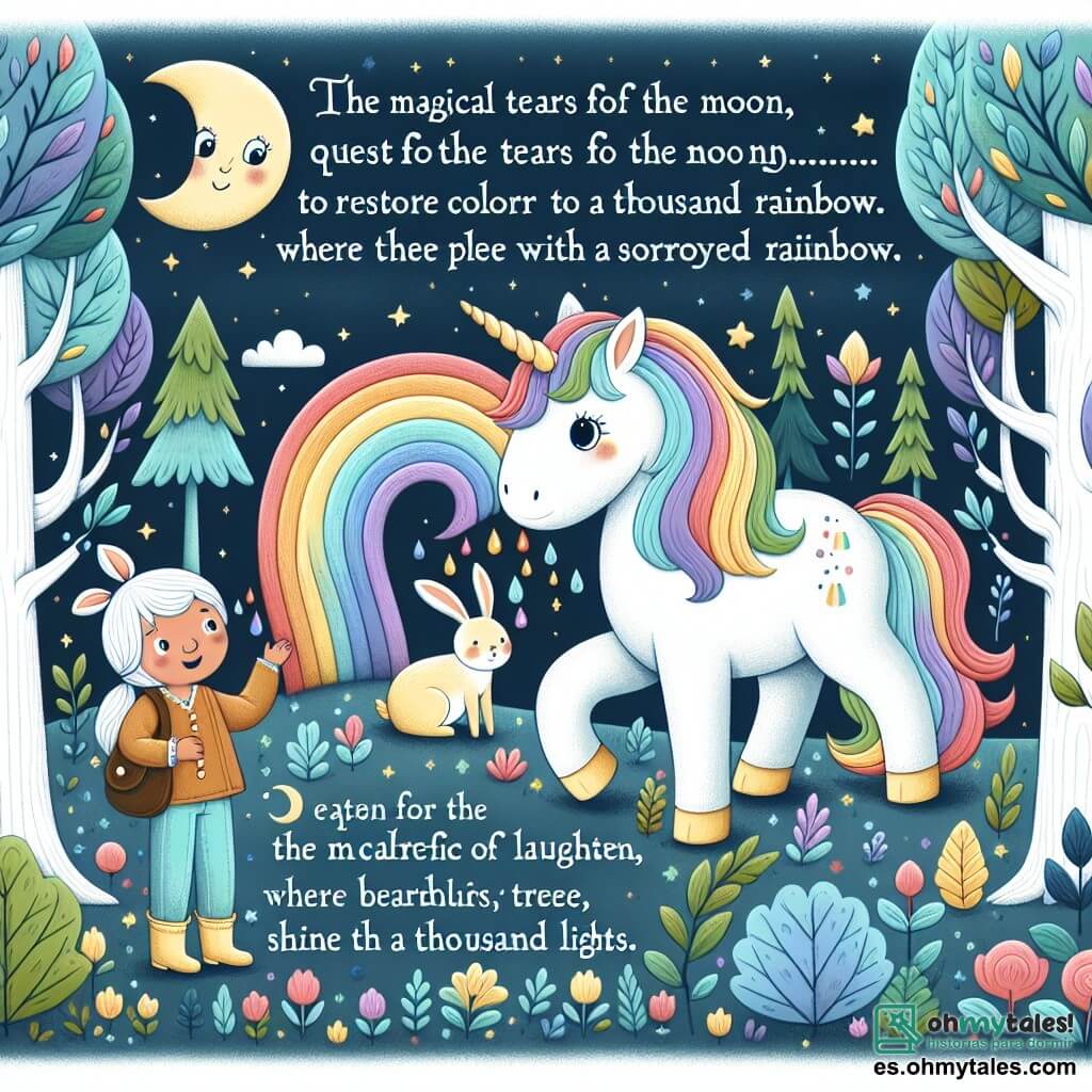 Une illustration destinée aux enfants représentant une licorne à la crinière multicolore, cherchant les larmes magiques de la Lune pour redonner de la couleur à un arc-en-ciel triste, accompagnée de son ami, un lapin qui parle, dans le merveilleux Bosque de las Risas où les arbres brillent de mille feux.