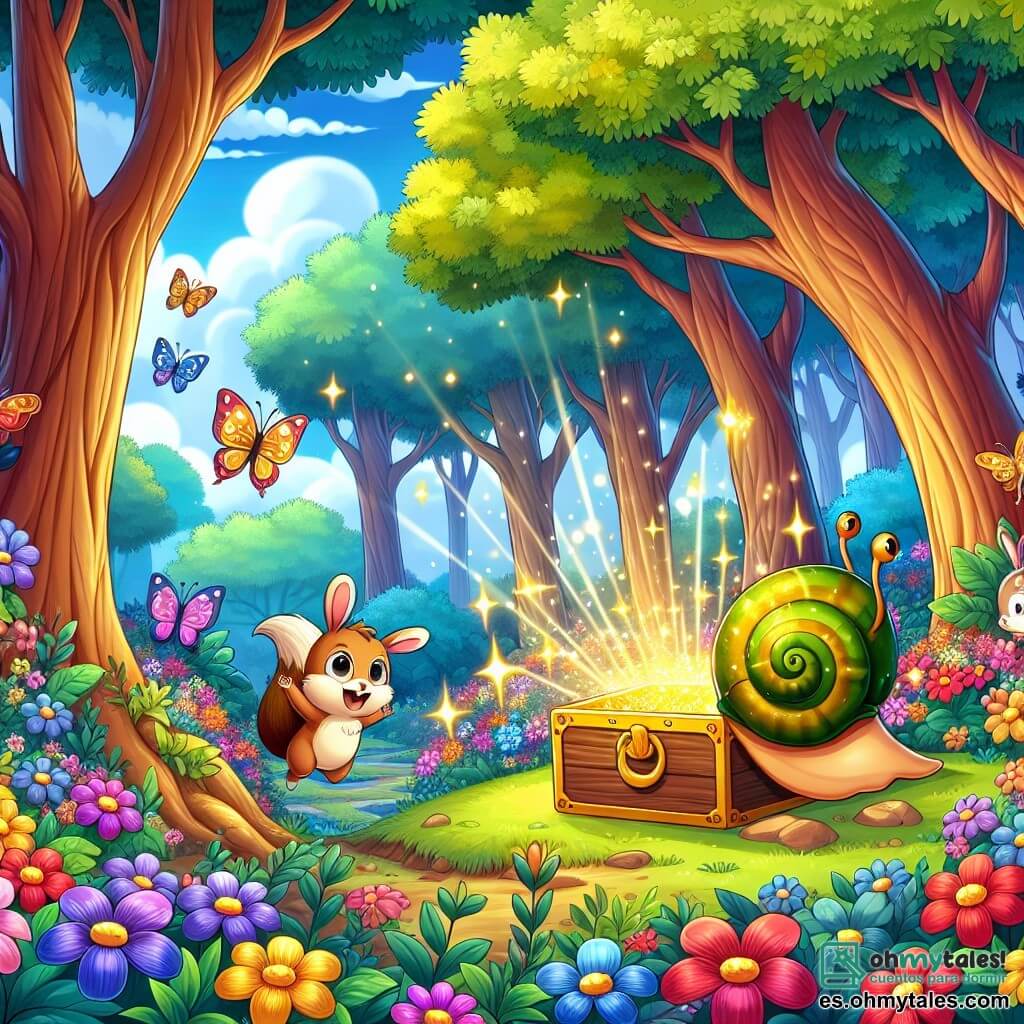Ilustración que representa una escena mágica en un bosque encantado, donde árboles majestuosos con troncos gruesos se elevan hacia un cielo azul salpicado de nubes esponjosas. Flores coloridas, con pétalos brillantes de rojo, amarillo y violeta, cubren el suelo, creando una alfombra viva de colores. En el centro de la imagen, un pequeño caracol con un caparazón verde brillante, parecido a un pequeño barco, se mueve lentamente, con sus antenas levantadas, mostrando una curiosidad chispeante. A su lado, una ardiente ardilla de ojos vivaces y pelaje marrón, que sostiene una nuez entre sus patas, mira con entusiasmo, mientras que un joven conejo de grandes orejas blancas, saltando alegremente, parece listo para brincar. La escena captura el momento en que el caracol descubre una caja misteriosa escondida bajo las hojas, rodeada de un aura de misterio, con destellos de luz dorada que emanan del interior de la caja, atrayendo la atención de los dos amigos. Detalles adicionales incluyen mariposas coloridas revoloteando y un arroyo brillante en el fondo, añadiendo un toque de magia a esta divertida aventura.