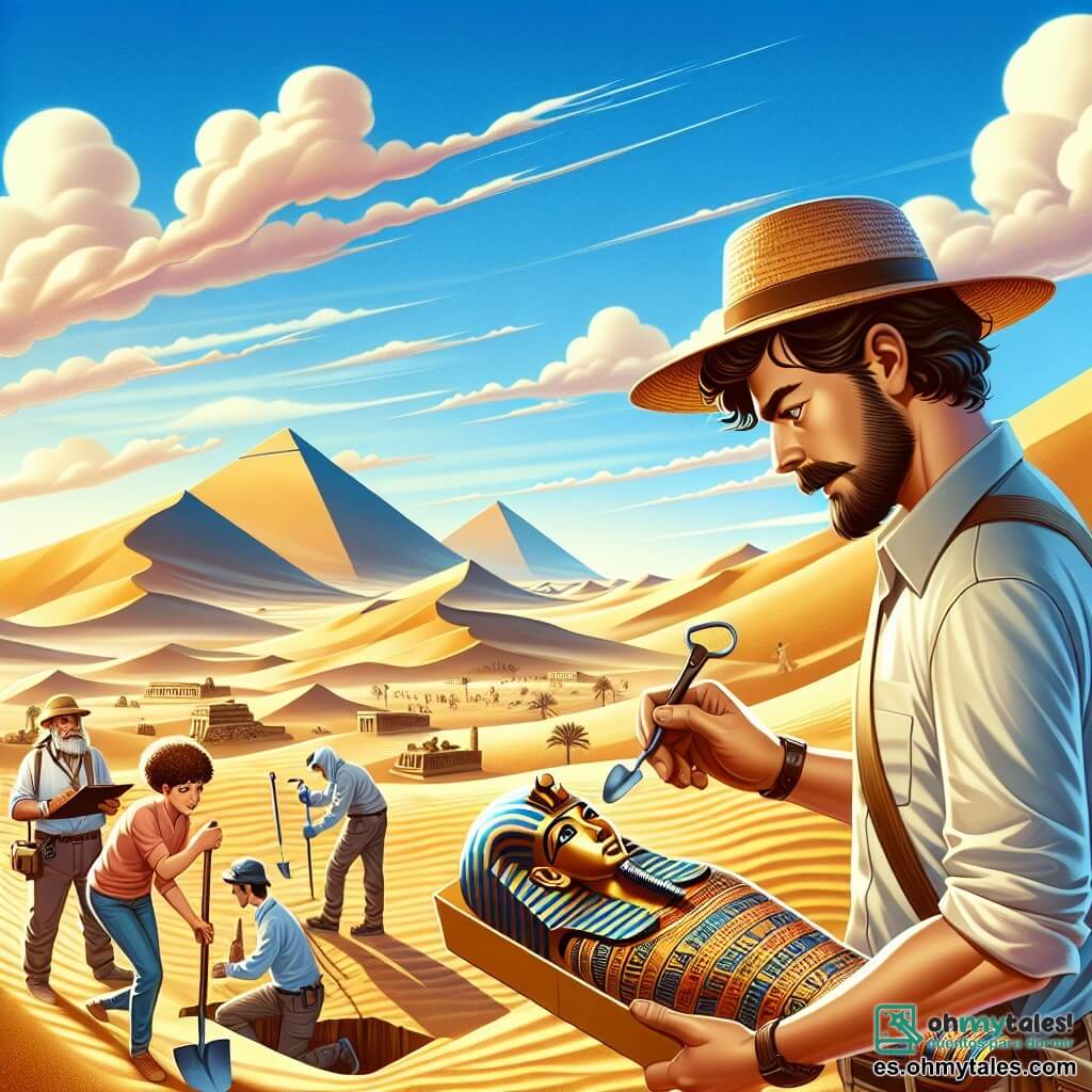 Une illustration sous forme de dessin destinée aux enfants représentant un vaste site archéologique dans le désert égyptien, avec des dunes dorées sous un ciel bleu éclatant, où un homme robuste avec une barbe de trois jours et un chapeau de paille, tenant un pinceau et un trowel, examine avec émerveillement un ancien sarcophage décoré de hiéroglyphes, tandis qu'une jeune femme aux cheveux bouclés et à la peau bronzée, vêtue d'une chemise légère, s'active à documenter les découvertes sur un carnet, et d'autres membres de l'équipe, en arrière-plan, creusent avec enthousiasme, créant une atmosphère de découverte et d'aventure.
