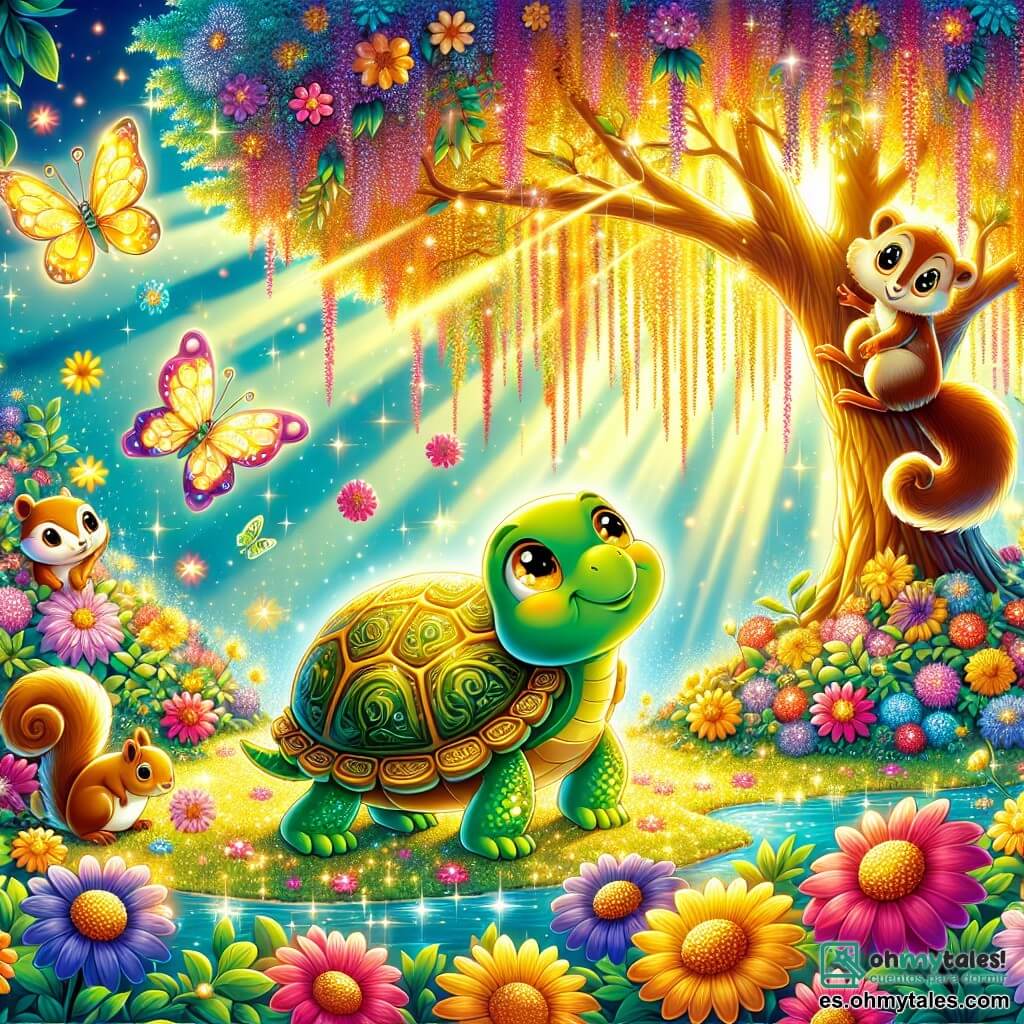 Ilustración que representa un jardín mágico lleno de flores brillantes de colores vivos, donde los pétalos centelleantes bailan al ritmo del viento. En el centro, una tortuga con caparazón dorado y ojos chispeantes de curiosidad se encuentra frente a un majestuoso árbol de hojas doradas, con las patas ligeramente levantadas como si estuviera a punto de hacer un deseo. A su lado, un sapo de ojos redondos y brillantes, con piel verde y manchas amarillas, observa con asombro, mientras una ardilla de pelaje sedoso y cola tupida trepa alegremente por una rama cercana, lista para aplaudir el momento mágico. La atmósfera está llena de alegría y emoción, con rayos de sol filtrándose a través de las hojas, creando un halo luminoso alrededor de los personajes. Mariposas coloridas vuelan alrededor, añadiendo un toque de fantasía a esta escena encantada.