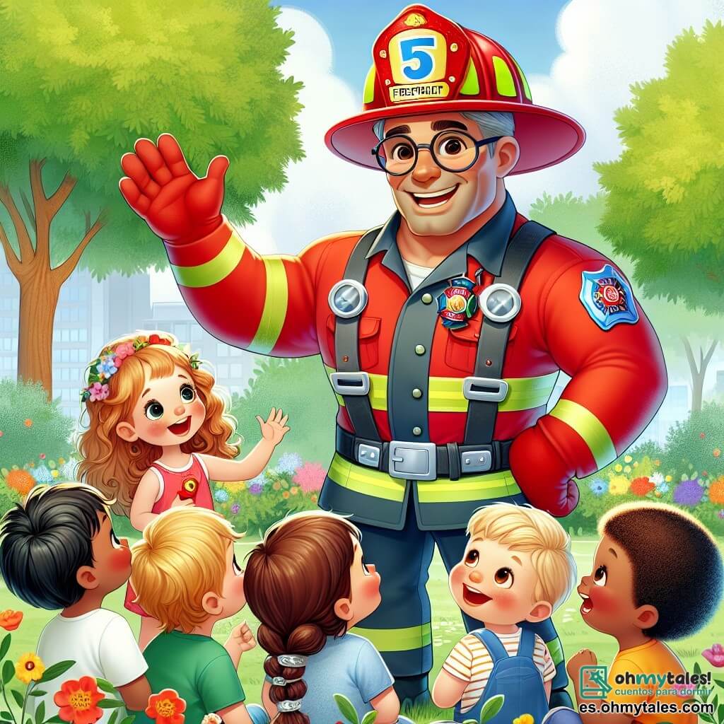 Une illustration sous forme de dessin destinée aux enfants représentant une scène animée dans un parc ensoleillé, où un homme grand et costaud, portant un uniforme de pompier rouge avec un casque brillant, sourit chaleureusement en racontant ses aventures à un groupe de quatre enfants : une fille aux cheveux bouclés et aux yeux pétillants, qui écoute avec émerveillement, un garçon aux lunettes rondes qui lève la main pour poser une question, une autre fille avec une tresse qui sourit en tenant un petit jouet de pompier, et un garçon aux cheveux blonds qui semble impatient d'apprendre, tandis qu'en arrière-plan, des arbres verdoyants et des fleurs colorées ajoutent une touche joyeuse à l'atmosphère de camaraderie et d'enthousiasme.