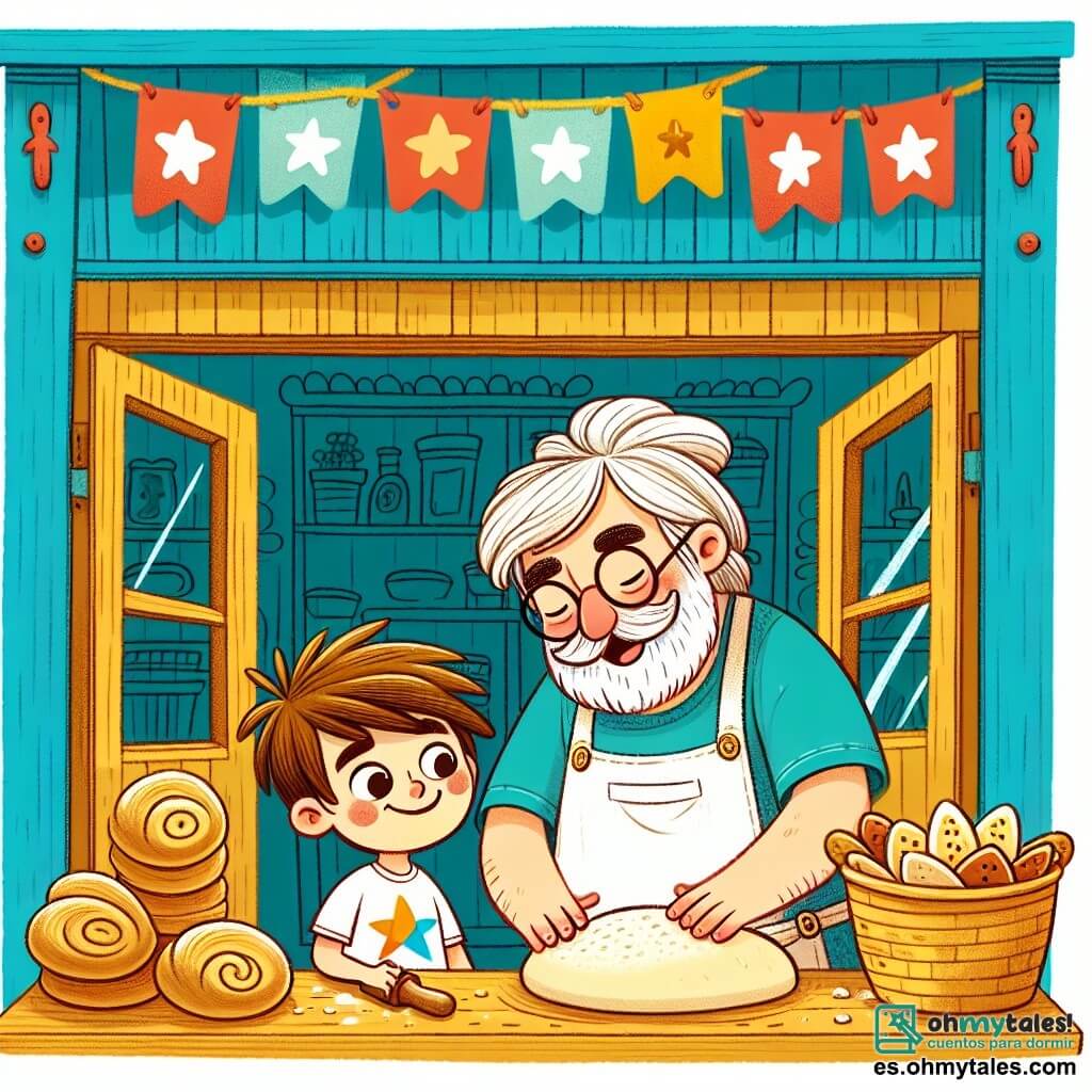 Une illustration sous forme de dessin destinée aux enfants représentant une charmante boulangerie en bois avec des fenêtres colorées, où un homme souriant, aux cheveux grisonnants et portant un grand tablier blanc, pétrit de la pâte à pain sur une table en bois, tandis qu'un garçon aux yeux pétillants et aux cheveux bruns, vêtu d'un t-shirt coloré, l'observe avec émerveillement, entourés de pains en forme d'étoile et de douceurs, créant une atmosphère joyeuse et chaleureuse de partage et d'amitié.