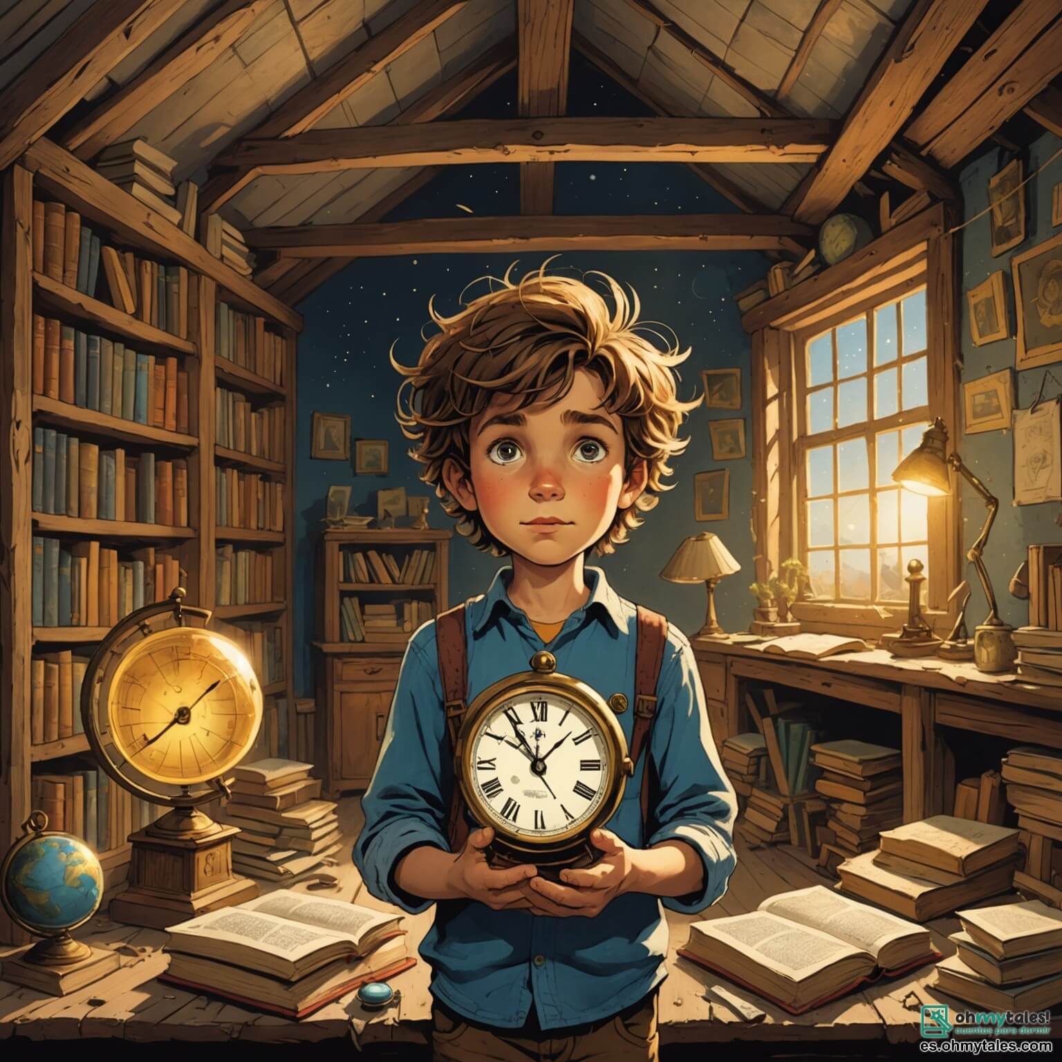 Une illustration destinée aux enfants représentant un garçon aux cheveux ébouriffés et aux yeux pétillants de curiosité, se tenant au milieu d'un vieux grenier poussiéreux rempli de trésors oubliés, où des rayons de lumière filtrent à travers des lucarnes poussiéreuses, illuminant des objets anciens comme un globe terrestre usé et des livres aux pages jaunies, alors qu'il découvre un mystérieux et scintillant réveil en or qui le propulse dans un monde fantastique peuplé de créatures magiques, où il rencontre un duende espiègle aux oreilles pointues et au sourire malicieux, ainsi qu'un majestueux dragon aux écailles vertes brillantes, le tout dans un univers enchanteur de forêts luxuriantes et de montagnes majestueuses, où chaque arbre semble murmurer des secrets d'époques révolues.