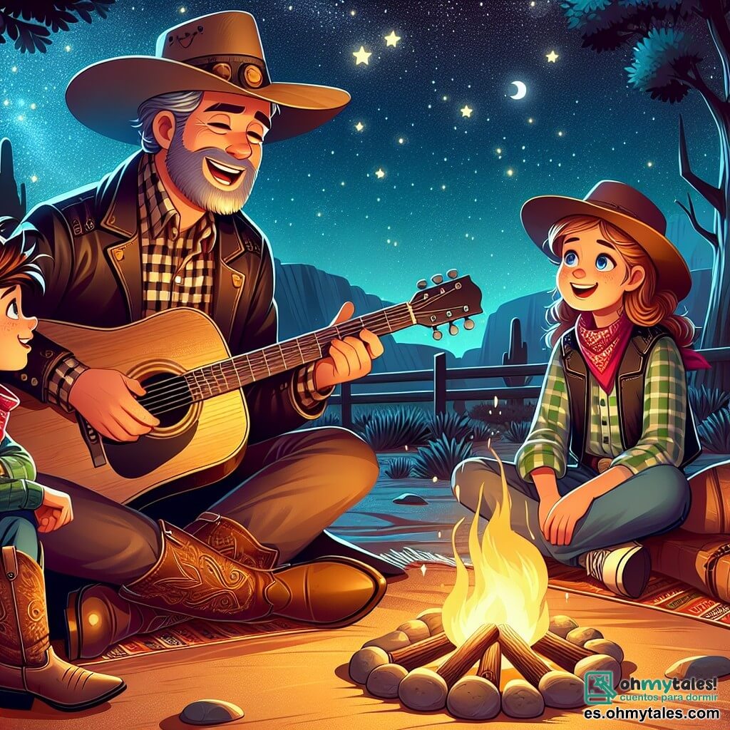 Une illustration sous forme de dessin destinée aux enfants représentant un campement de cow-boys sous un ciel étoilé, avec un homme au sourire chaleureux, portant un grand chapeau de cowboy, une chemise à carreaux et des bottes, assis autour d'un feu de camp en train de jouer de la guitare, tandis qu'une jeune fille aux cheveux longs et bouclés, vêtue d'une veste en cuir, écoute attentivement et un jeune garçon aux yeux pétillants, vêtu d'un bandana rouge, se lève pour raconter une histoire, symbolisant l'amitié et l'aventure au cœur de l'Ouest américain.