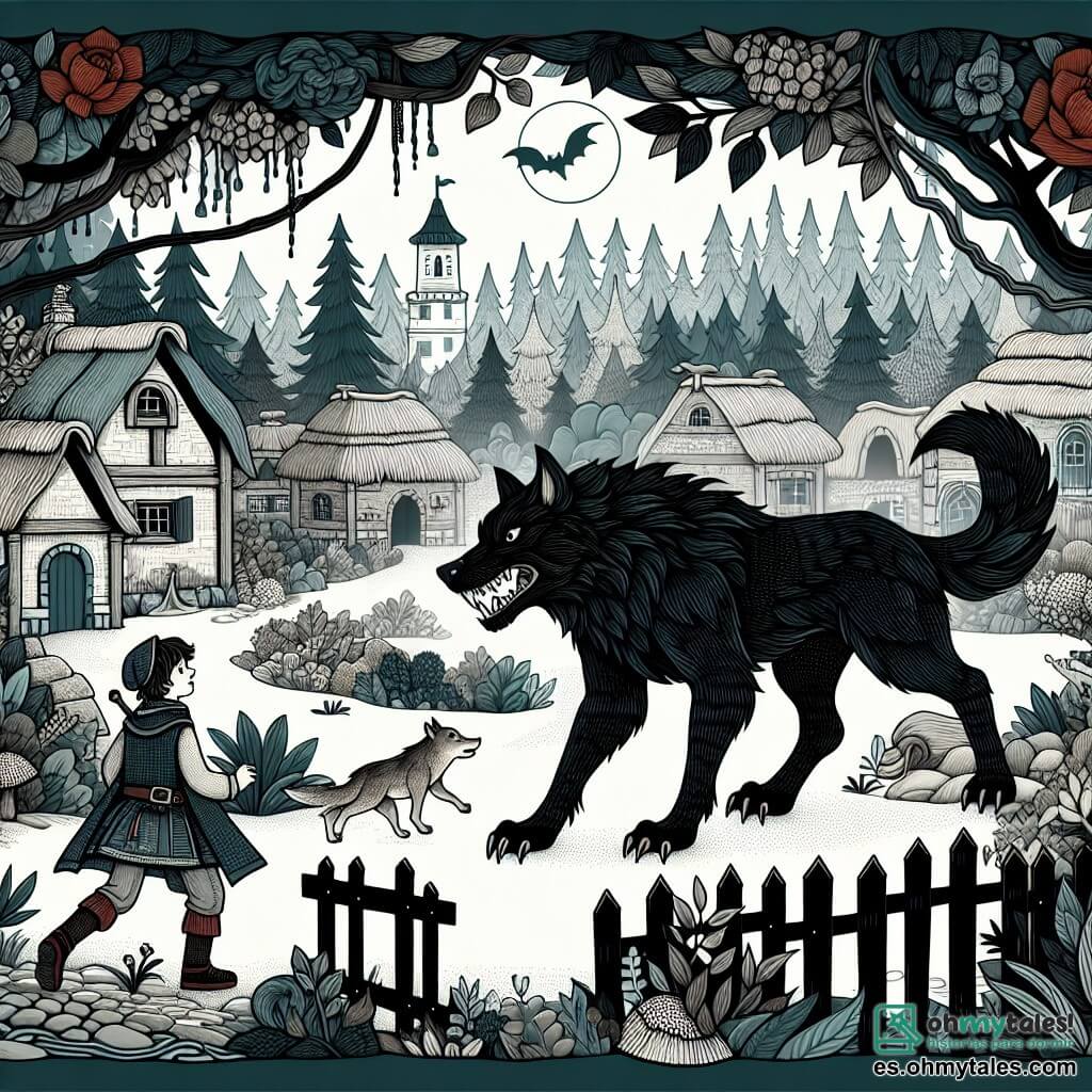 Une illustration destinée aux enfants représentant un jeune garçon courageux affrontant un grand loup malveillant dans un village entouré d'un bois sombre et mystérieux où se cachent de nombreux dangers.