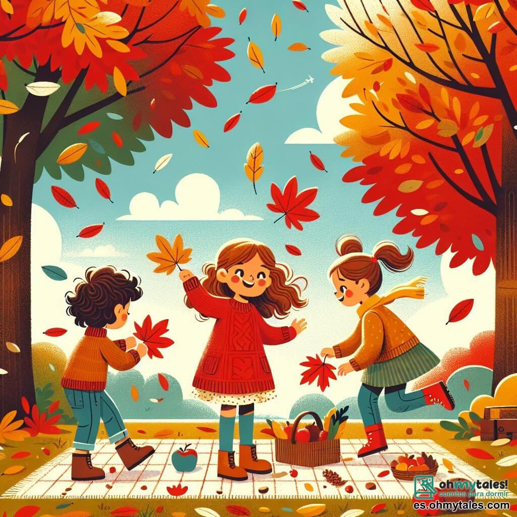 Ilustración que representa un parque de otoño vibrante de colores. Los majestuosos árboles están adornados con hojas rojas, amarillas y naranjas que caen suavemente al suelo. En el centro de la escena, tres niñas de aproximadamente 8 años están jugando. La primera niña, con cabello rizado y castaño, lleva un suéter rojo y pantalones de mezclilla, sonríe sosteniendo una gran hoja. La segunda niña, con cabello liso y rubio, viste una chaqueta amarilla y una falda, y está recogiendo hojas del suelo. La tercera niña, con cabello castaño recogido en dos coletas, lleva un abrigo azul y botas, y está saltando en un montón de hojas. Al fondo, nubes blancas flotan en un cielo azul claro, mientras una ligera brisa hace bailar las hojas. Manzanas rojas y nueces están esparcidas sobre una manta de picnic, añadiendo un toque de delicia a la escena.