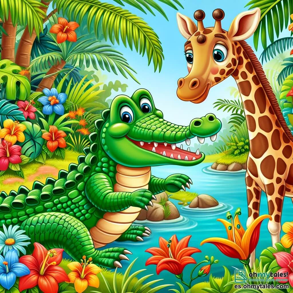 Une illustration destinée aux enfants représentant un crocodile aventurier, une girafe curieuse, dans une jungle luxuriante et colorée.
