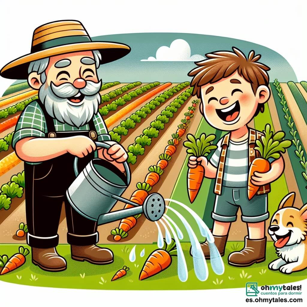 Une illustration sous forme de dessin destinée aux enfants représentant une ferme ensoleillée avec des champs de légumes colorés, où un homme âgé, avec une barbe grise et un chapeau de paille, arrose des rangées de carottes avec une grande arrosoir, tandis qu'un garçon aux cheveux bruns, souriant et vêtu d'une chemise à carreaux, l'aide en riant et en tenant une carotte fraîchement récoltée, et un petit chien aux poils dorés, courant joyeusement autour d'eux, créant une ambiance de travail joyeux et convivial à la ferme.