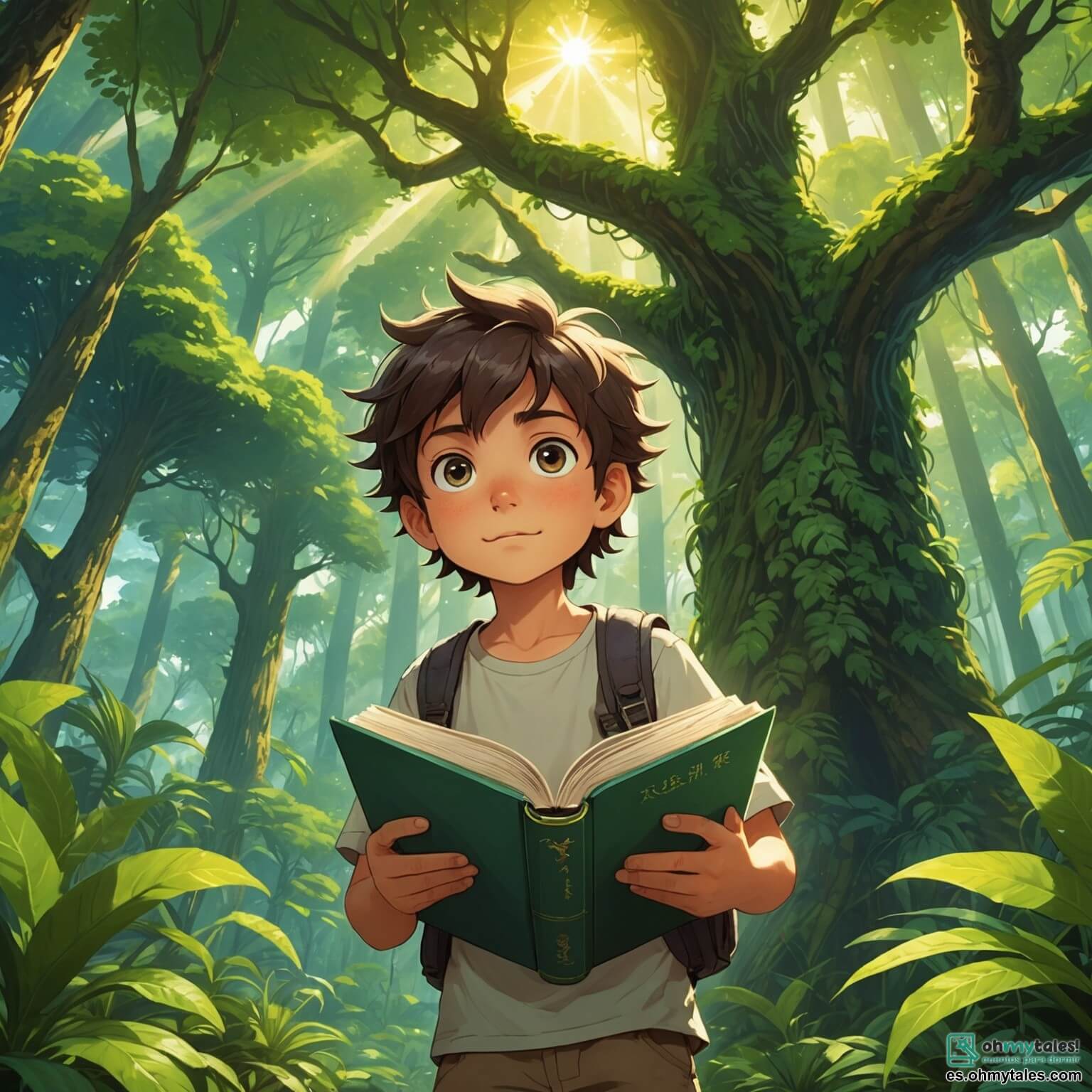 Une illustration destinée aux enfants représentant un garçon intrépide aux cheveux ébouriffés, les yeux pétillants de curiosité, prêt à explorer une jungle luxuriante où les arbres géants s'élèvent vers le ciel, leurs feuilles d'un vert éclatant filtrant la lumière du soleil en éclats dorés, tandis qu'à ses côtés se tient une fille astucieuse, toujours avec un livre à la main, prête à l'aider dans sa quête pour découvrir la mystérieuse Flor du Sol.