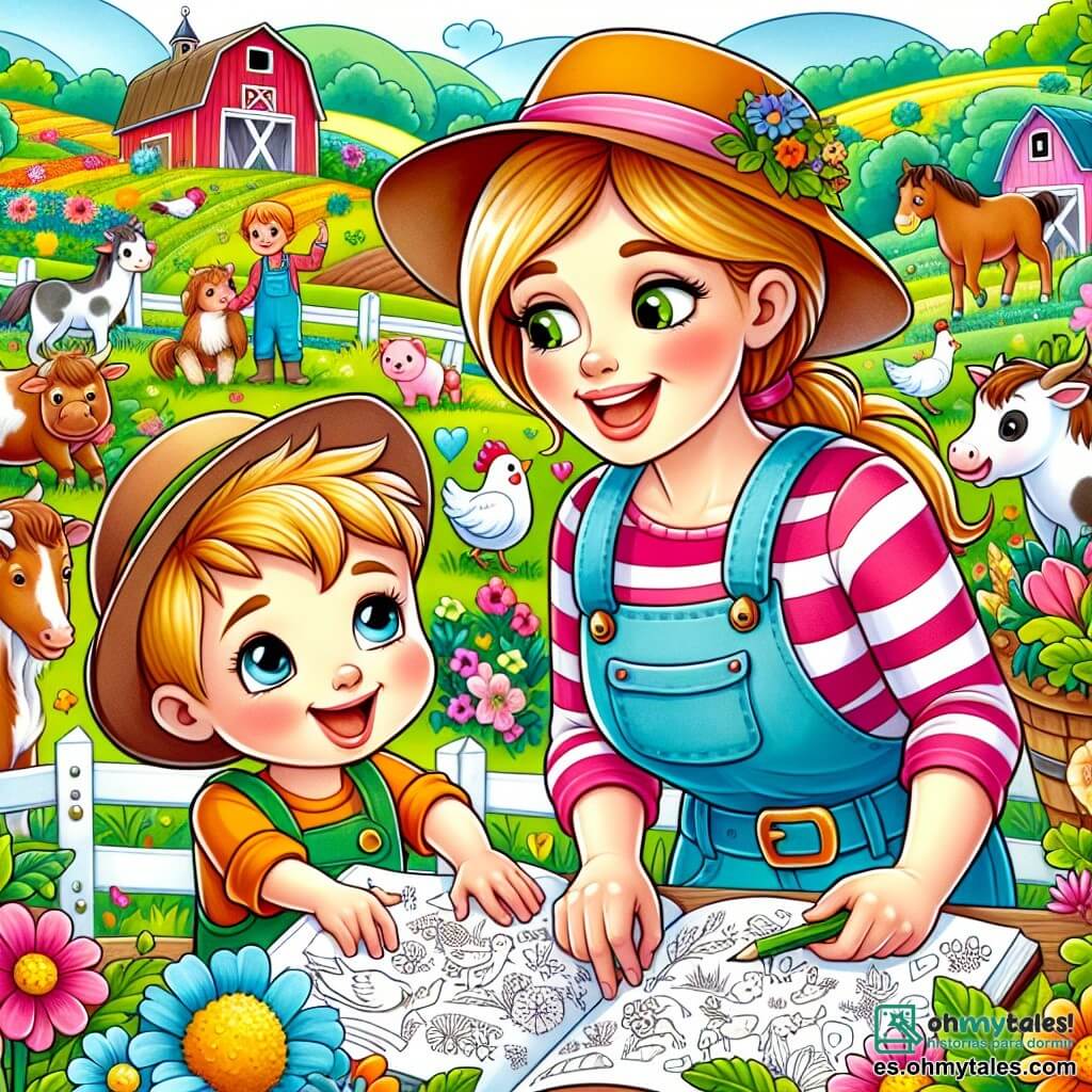 Une illustration destinée aux enfants représentant une femme agricultrice passionnée, accompagnée de son fils, un garçon curieux et enthousiaste, travaillant ensemble dans une charmante et colorée ferme entourée de champs verdoyants et d'animaux joyeux.