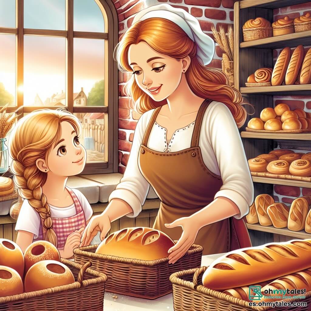 Une illustration destinée aux enfants représentant une boulangère passionnée enseignant à sa petite nièce curieuse l'art de faire du pain, dans une charmante boulangerie aux murs en briques rouges, avec des paniers en osier remplis de pains dorés et des étagères remplies de délicieuses pâtisseries, tandis que le soleil se lève doucement à l'horizon.