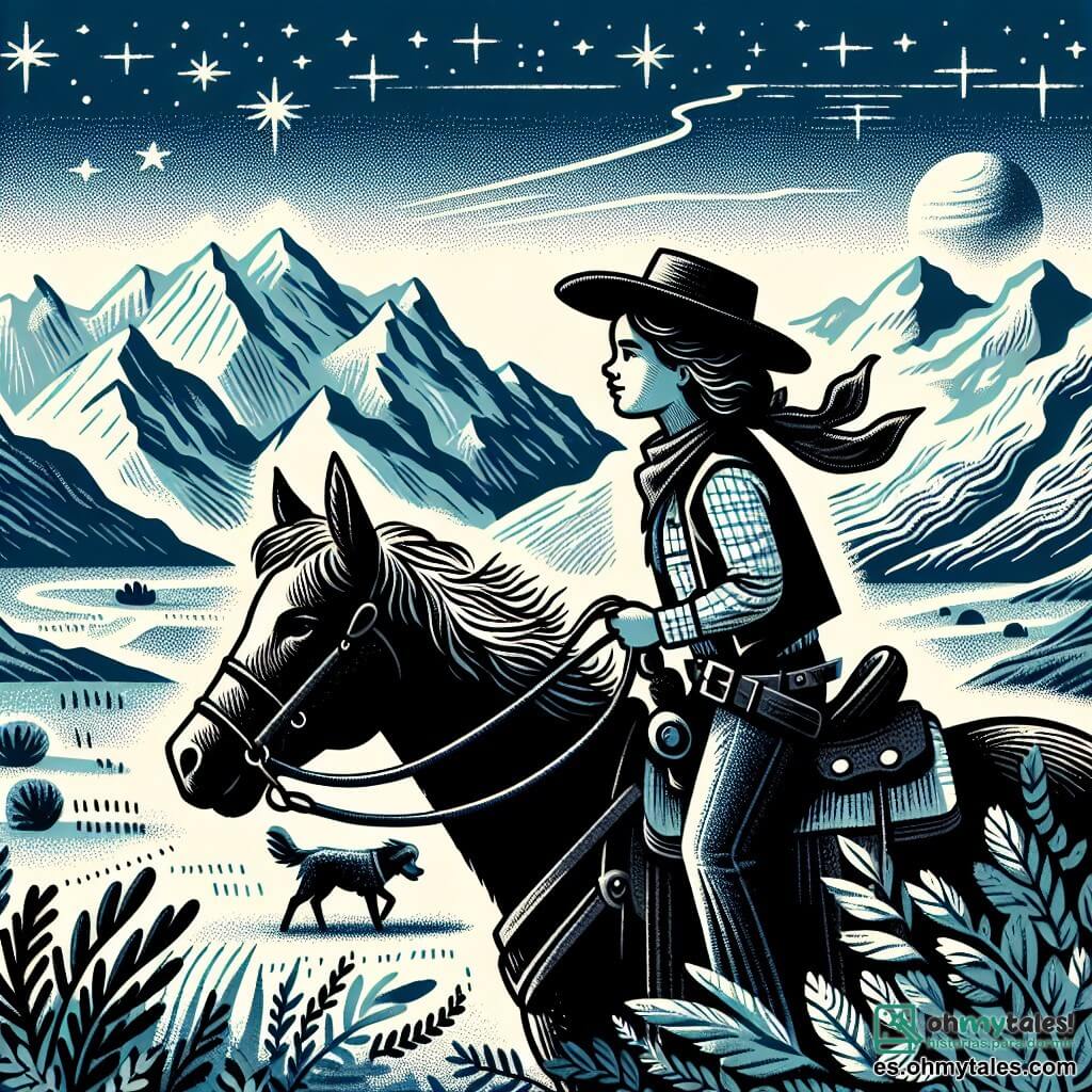 Une illustration destinée aux enfants représentant une cowgirl intrépide, chevauchant à travers des montagnes majestueuses et des prairies infinies, avec son fidèle compagnon canin, à la recherche d'aventures dans le mythique Far West.