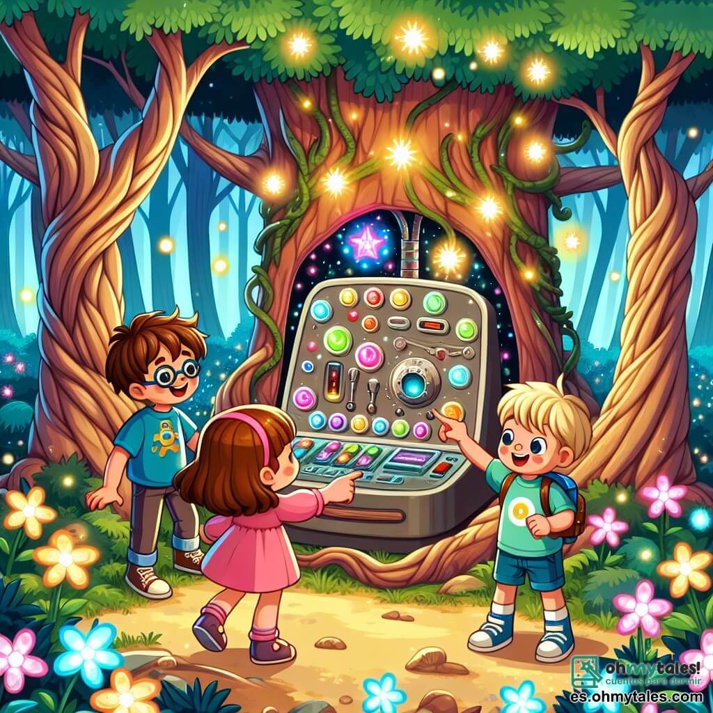 Ilustración que representa un claro de bosque mágico, donde grandes árboles con troncos torcidos y hojas brillantes forman un refugio natural. Flores coloridas con pétalos luminosos salpican el suelo, mientras que una extraña máquina, con luces parpadeantes y botones multicolores, se encuentra en el centro del claro. Tres niños, dos chicos y una chica, están presentes. El primer chico, de unos 10 años, tiene el cabello castaño desordenado y lleva una camiseta azul con un diseño de robot. Sonríe con asombro, con los ojos muy abiertos, señalando la máquina. El segundo chico, también de 10 años, tiene el cabello rubio y usa gafas redondas. Sostiene un pequeño dispositivo brillante en sus manos, observando atentamente las luces de la máquina. La chica, de 9 años, tiene el cabello castaño largo y viste un vestido rosa. Baila alegremente alrededor de la máquina, con los brazos levantados, como si flotara en el aire. La escena principal muestra a los niños descubriendo la máquina de sueños, rodeados de criaturas mágicas que flotan a su alrededor, pequeños robots con alas brillantes que los reciben con sonrisas. Estrellas brillantes flotan en el aire, añadiendo un toque de magia a la escena.
