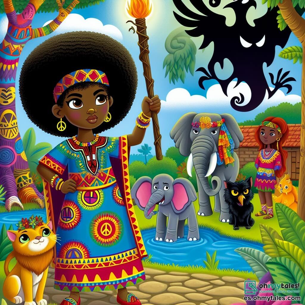 Une illustration sous forme de dessin destinée aux enfants représentant une scène vibrante dans la paisible aldea de Susurros, où une jeune femme aux cheveux crépus et brillants, vêtue d'une robe colorée ornée de motifs africains, se tient courageusement au centre, levant un bâton de bois décoré de symboles de paix, tandis qu'autour d'elle, des animaux colorés comme un éléphant majestueux et un oiseau aux plumes éclatantes l'observent avec admiration, alors qu'une ombre menaçante se dissipe au loin, symbolisant la victoire de l'unité et de la sagesse sur la peur.