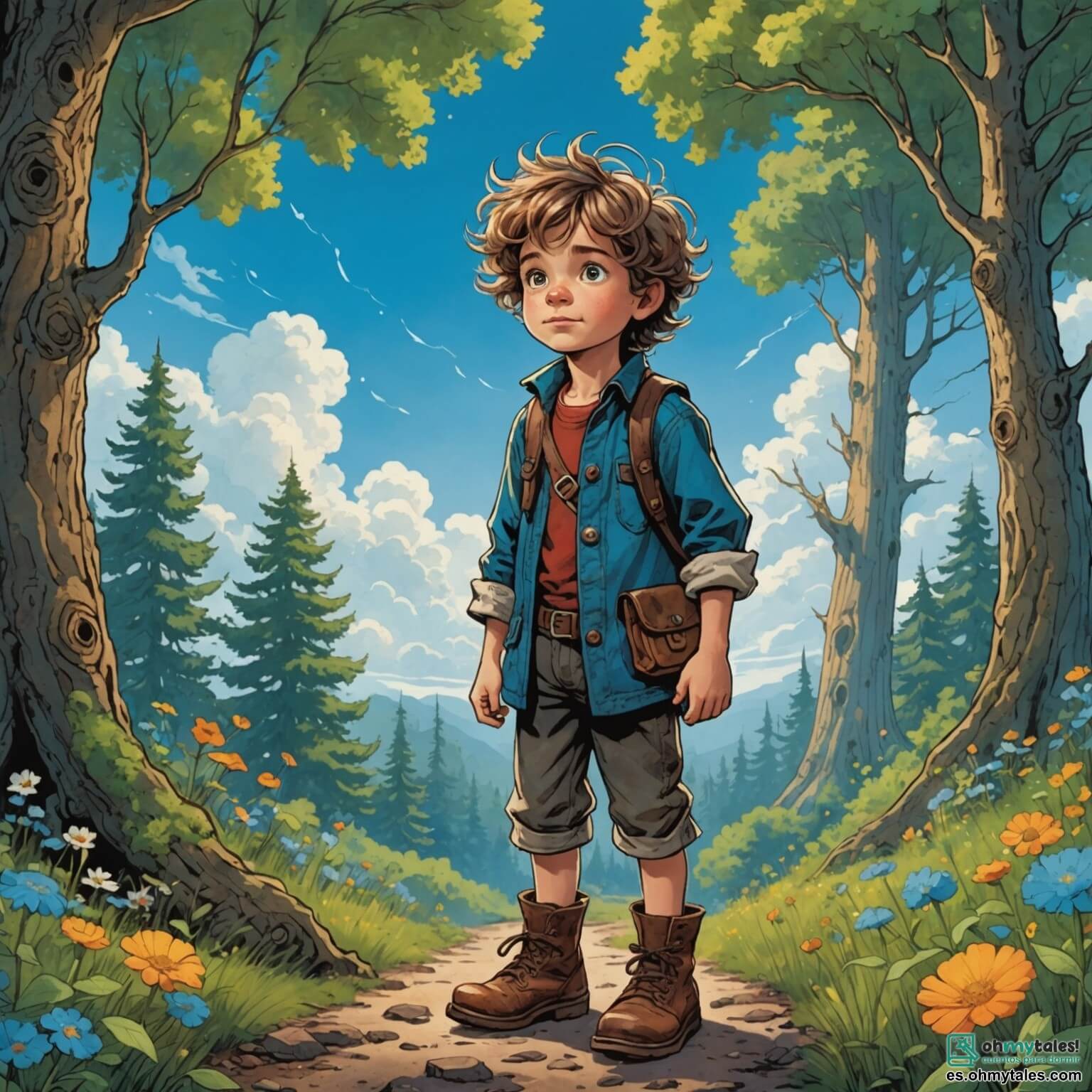 Une illustration destinée aux enfants représentant un petit garçon aux cheveux ébouriffés et aux yeux pétillants de curiosité, vêtu d'une tunique en toile usée et de chaussure en cuir, se tenant courageusement au bord d'une forêt enchantée où les arbres majestueux aux troncs noueux s'élèvent vers un ciel d'azur parsemé de nuages cotonneux, tandis qu'il scrute avec détermination un chemin lumineux parsemé de fleurs éclatantes, entouré de ses six frères, tous plus grands et plus forts que lui, qui semblent hésiter à le suivre dans cette aventure palpitante, alors qu'une mariposa aux ailes multicolores, symbolisant la magie et l'espoir, virevolte autour d'eux, prête à les guider dans un monde où les couleurs s'estompent et où les défis les attendent à chaque tournant.