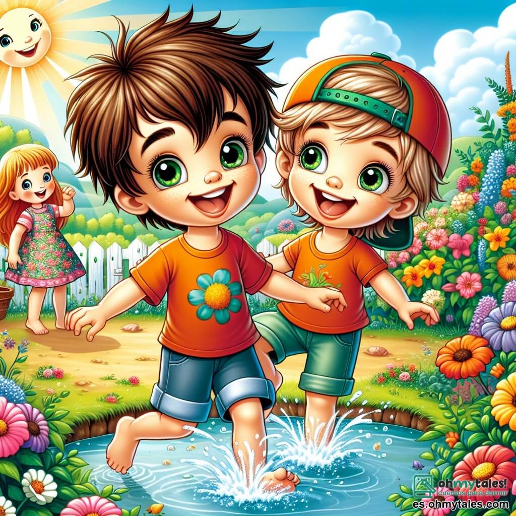 Une illustration sous forme de dessin destinée aux enfants représentant un jardin ensoleillé rempli de fleurs colorées et d'un petit étang, où un garçon de 7 ans aux cheveux bruns en bataille et aux yeux verts pétillants, vêtu d'un t-shirt orange et de shorts, s'amuse à lancer un cohete de agua avec son meilleur ami, un garçon portant une casquette de baseball et un sourire éclatant, tandis qu'une fille aux cheveux longs et blonds, habillée d'une robe à fleurs, les observe avec enthousiasme, tous entourés de rires et de joie, capturant l'esprit d'une journée d'été pleine d'aventures et d'expérimentations.