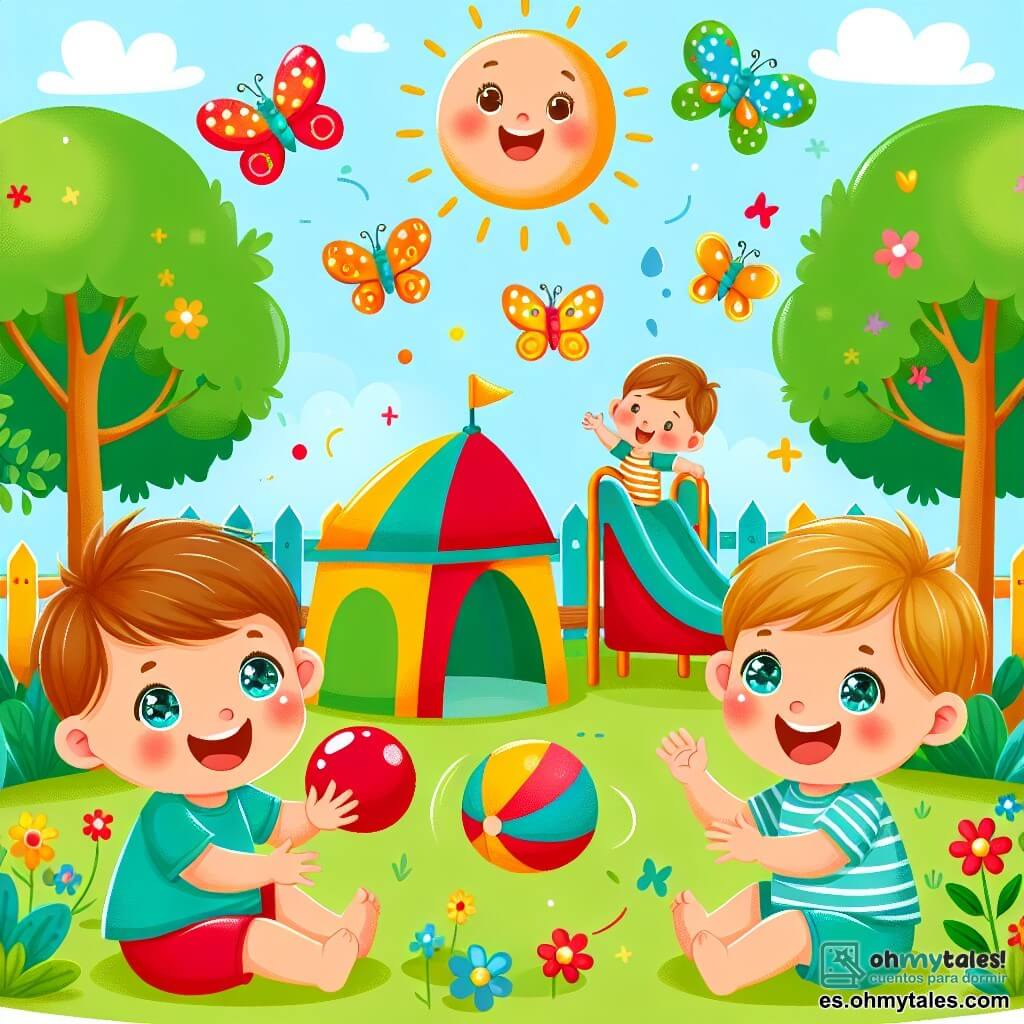 Une illustration sous forme de dessin destinée aux enfants représentant un grand camp d'été ensoleillé avec des arbres verts et des jeux colorés, où un garçon de 1 an aux cheveux bruns et aux yeux pétillants, souriant et joyeux, joue avec une balle rouge, tandis qu'un autre garçon de 1 an aux cheveux blonds et aux yeux bleus, riant, lance une balle en retour, le tout entouré de mariposas colorées qui volent autour d'eux, capturant l'esprit de l'amitié et de l'amusement pendant les vacances d'été.