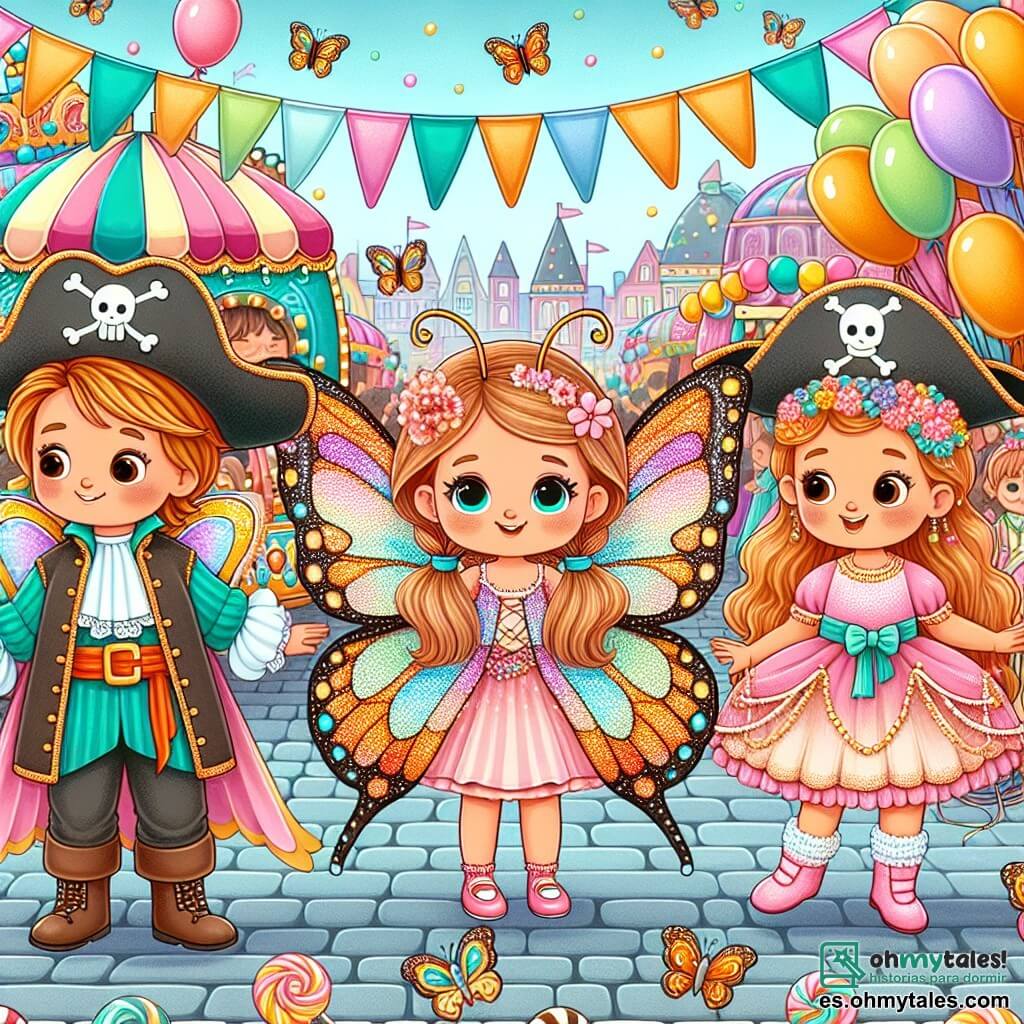 Une illustration destinée aux enfants représentant une petite fille déguisée en mariposa, entourée de ses amis déguisés en pirate et en fée, se tenant sur une place animée par des carrozas colorées, des globos flotantes et des stands de dulces, lors du Carnaval de sa ville.