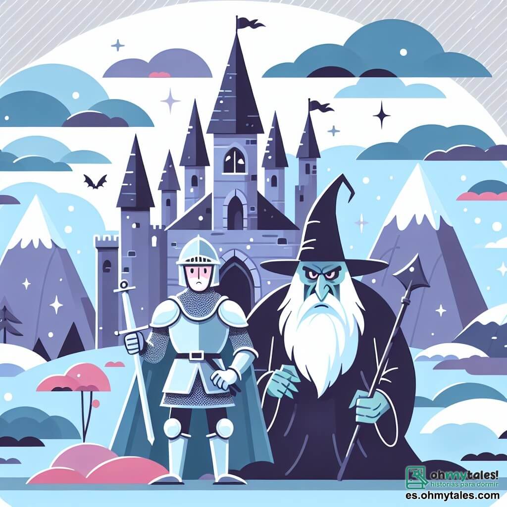Une illustration destinée aux enfants représentant un courageux chevalier, un maléfique sorcier, et un mystérieux château entouré de montagnes enneigées.