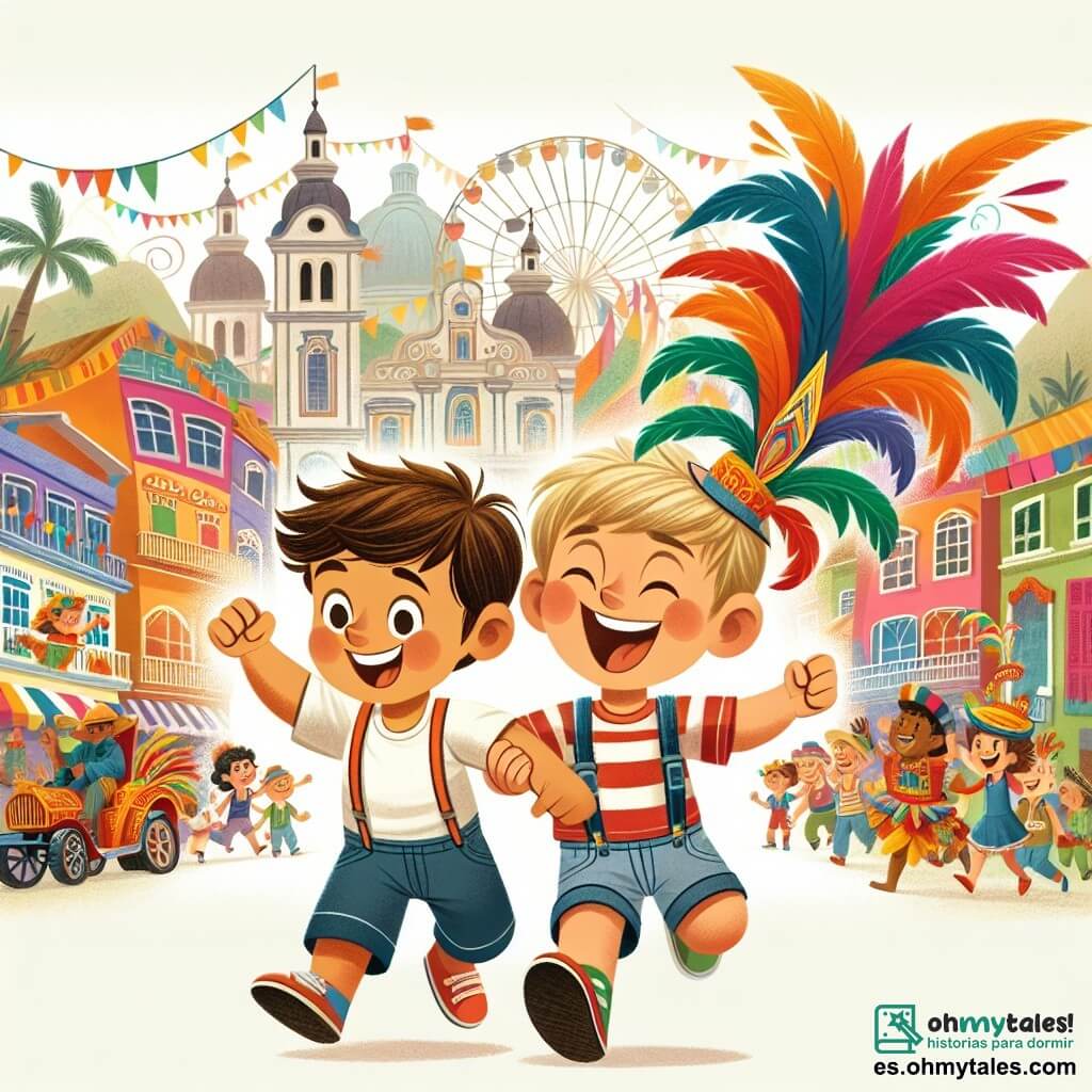 Une illustration destinée aux enfants représentant un garçon enthousiaste se préparant pour le Carnaval, accompagné de son meilleur ami, un garçon curieux, dans la ville colorée et animée d'Alegría.