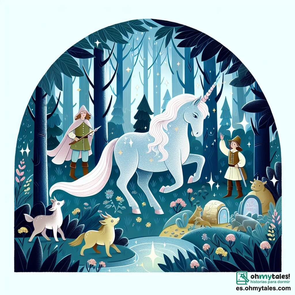 Une illustration destinée aux enfants représentant une licorne étincelante dans une clairière enchantée, accompagnée de ses amis animaux, cherchant un trésor mystérieux caché au cœur du bosque magique.