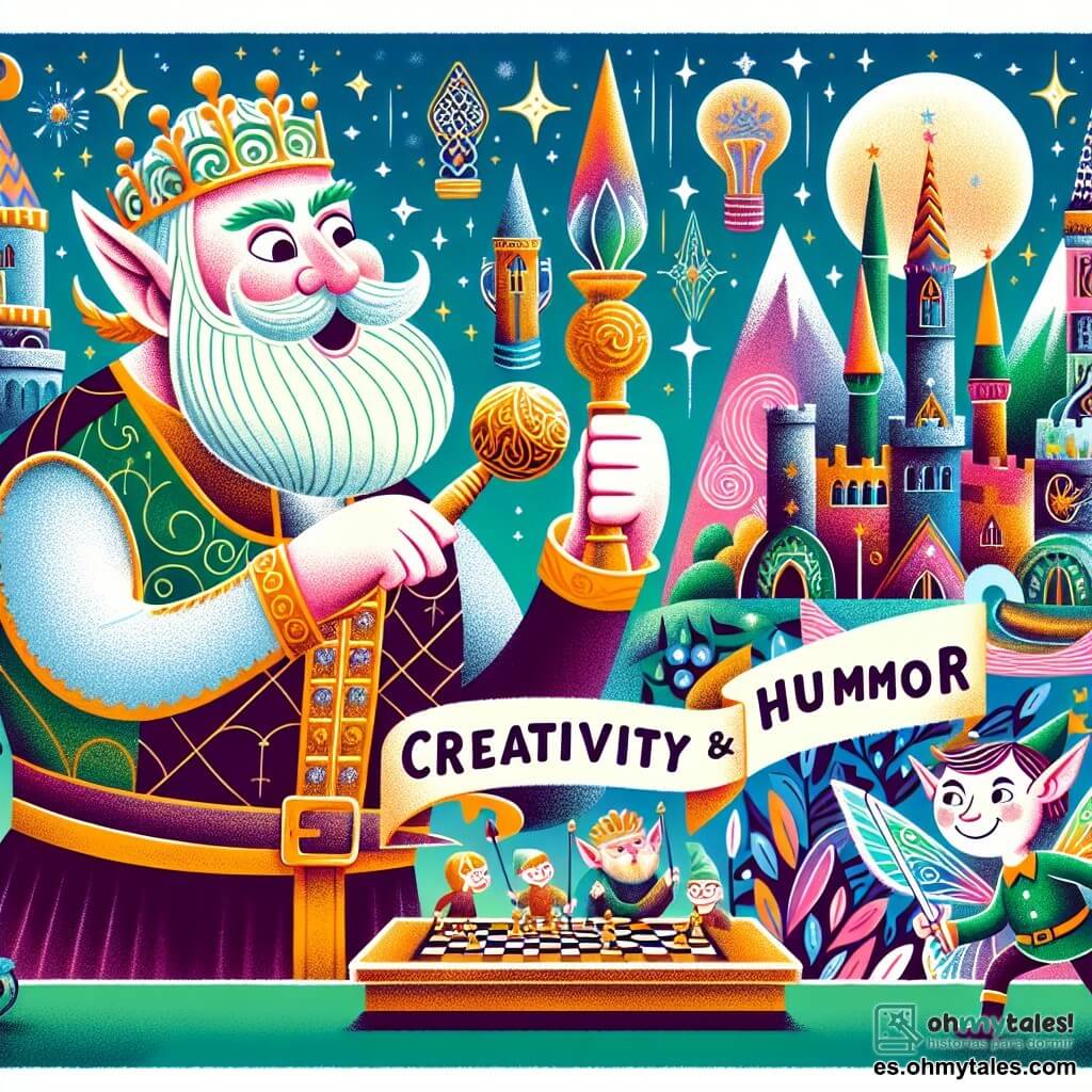 Une illustration destinée aux enfants représentant un géant espiègle se lançant dans un tournoi de créativité et humour, accompagné de son fidèle ami lutin, dans le magnifique Reino de las Hadas, un royaume enchanté aux couleurs chatoyantes et aux paysages féériques.