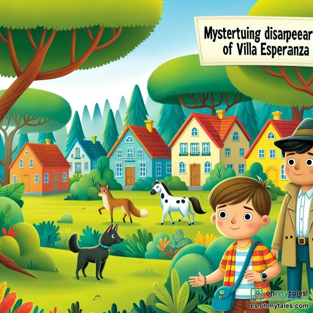 Une illustration destinée aux enfants représentant un jeune garçon curieux et courageux, accompagné de son ami garçon, enquêtant sur des mystérieuses disparitions d'animaux dans un paisible village nommé Villa Esperanza, entouré de maisons colorées et d'un bois dense aux arbres majestueux.