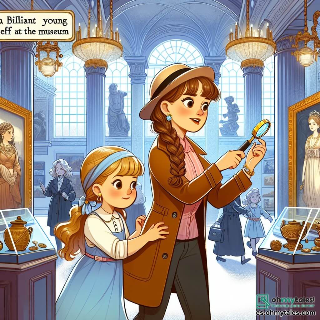 Une illustration destinée aux enfants représentant une jeune détective brillante, une fille, enquêtant sur un mystérieux vol au musée avec l'aide d'une femme, une autre fille, dans un musée ancien et majestueux rempli de trésors.