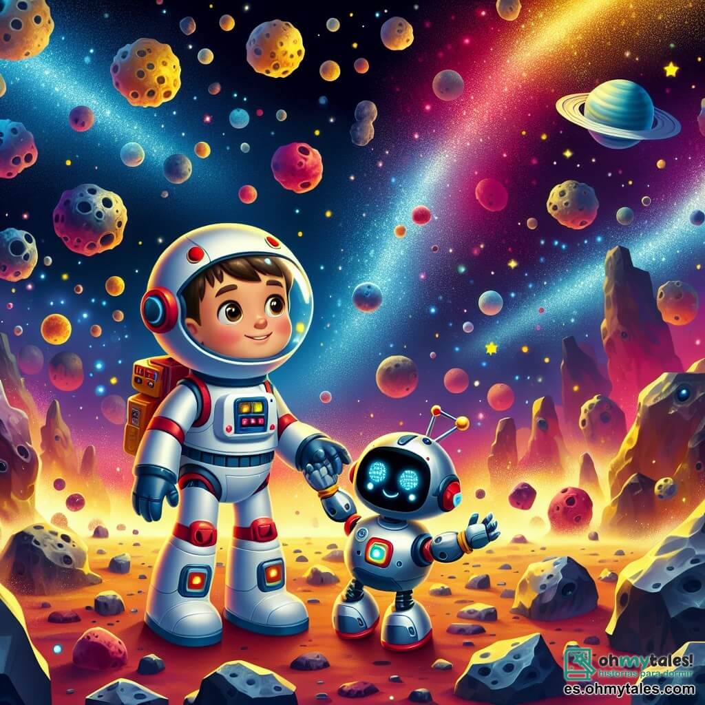 Une illustration destinée aux enfants représentant un courageux astronaute, un adorable robot assistant, et une scène captivante d'une mission de sauvetage dans un champ d'astéroïdes scintillants de couleurs vives de l'espace extra-atmosphérique.