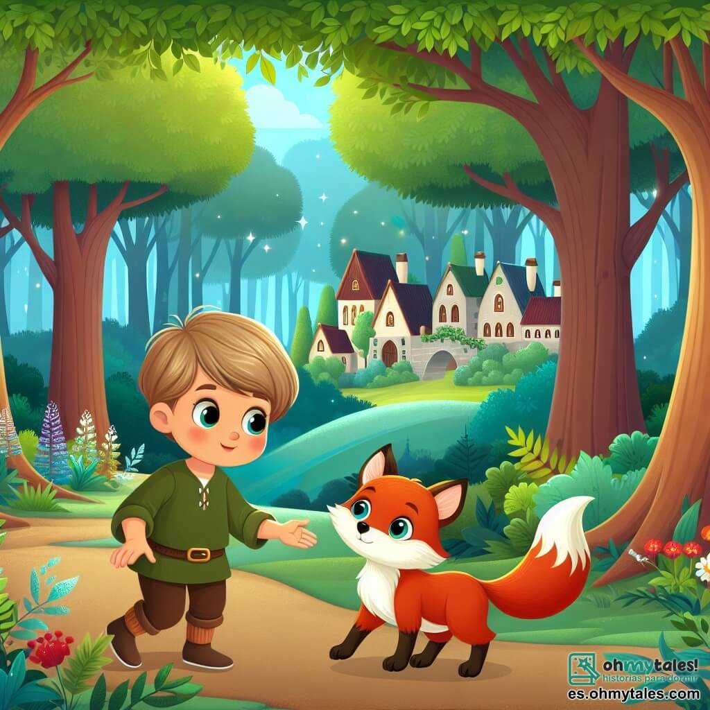 Une illustration destinée aux enfants représentant un jeune garçon curieux et aventurier, découvrant un adorable renardeau perdu dans une forêt enchantée, entourée de majestueux arbres aux feuilles chatoyantes et de fleurs colorées, dans le paisible village de Villa Esperanza.