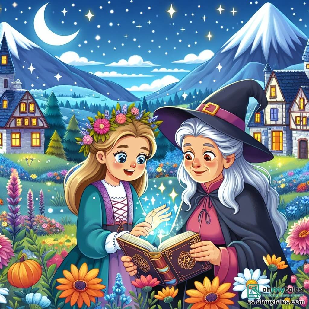 Une illustration destinée aux enfants représentant une apprentie sorcière aux yeux pétillants découvrant un livre de sorts magiques, accompagnée d'une sage sorcière aux cheveux argentés, dans un village enchanteur entouré de montagnes aux sommets enneigés et de champs de fleurs colorées.