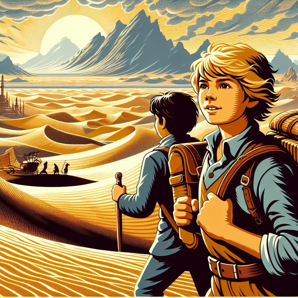 Une illustration destinée aux enfants représentant un jeune garçon intrépide, prêt à partir à l'aventure, accompagné d'une amie, dans un vaste désert de sable doré où se cachent des trésors et des mystères à découvrir.