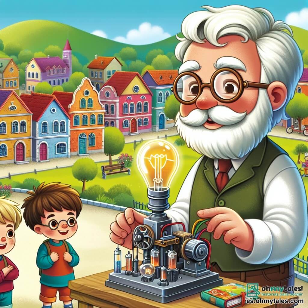 Une illustration destinée aux enfants représentant un homme inventeur à la barbe blanche et aux gafas rondes, montrant sa dernière invention à trois enfants, dont un garçon nommé Miguel, dans un petit village appelé Brillantina, avec des maisons colorées et un parc verdoyant en arrière-plan.