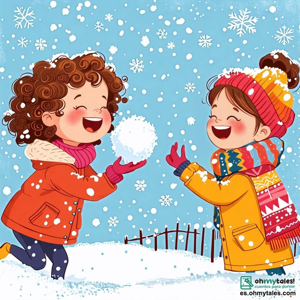 Une illustration sous forme de dessin destinée aux enfants représentant un jardin enneigé, avec une petite fille de 2 ans aux cheveux bouclés et aux joues roses, en train de rire tout en lançant une boule de neige, tandis que sa maman, une femme souriante aux cheveux châtains et portant un manteau coloré, se prépare à lui en lancer une en retour, le tout sous un ciel bleu clair parsemé de flocons de neige scintillants.