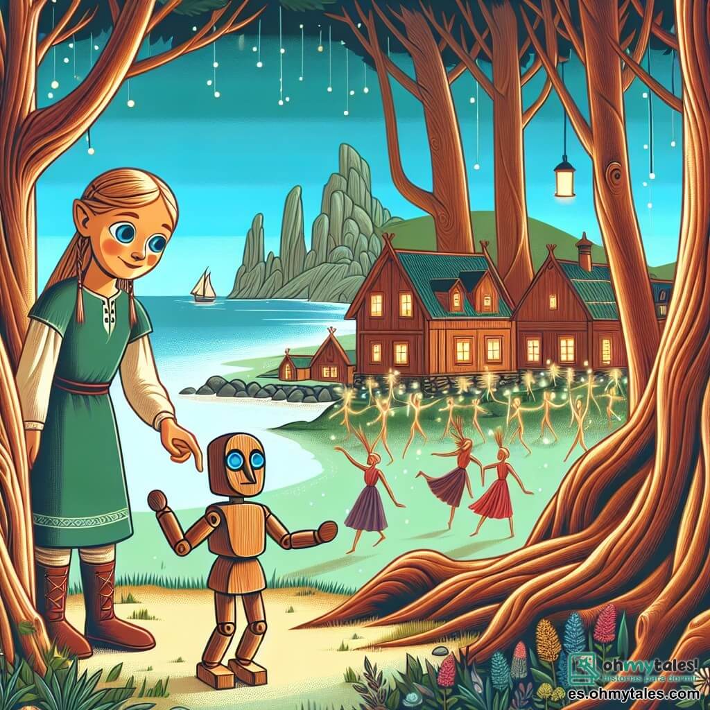 Une illustration destinée aux enfants représentant un enfant de bois aux yeux curieux, une biologique passionnée et bienveillante, et un village côtier entouré de majestueux arbres dansants, où se déroule une aventure pleine de magie et d'écologie.
