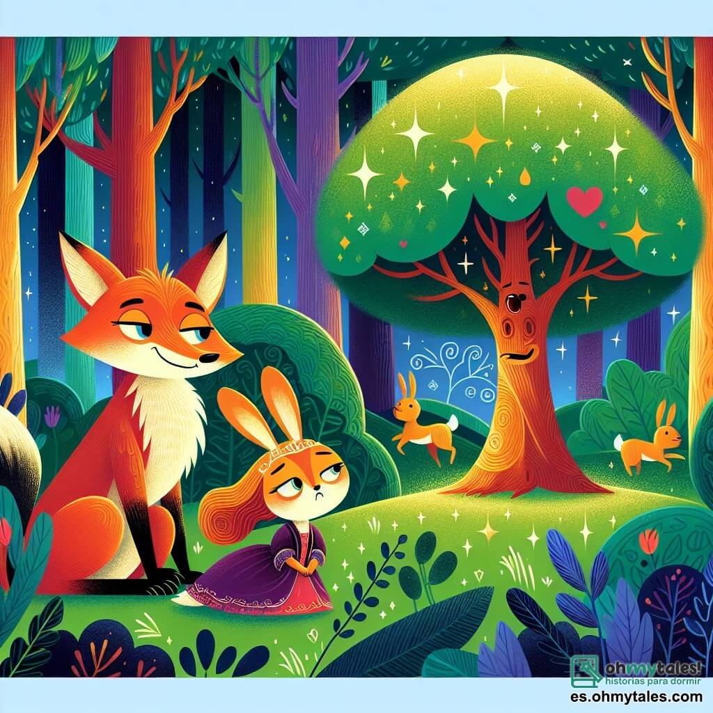 Une illustration destinée aux enfants représentant un malicieux renard mâle, une liebre femelle triste, un bosque encantado con árboles frondosos y un claro brillante donde crece el Árbol de la Generosidad.