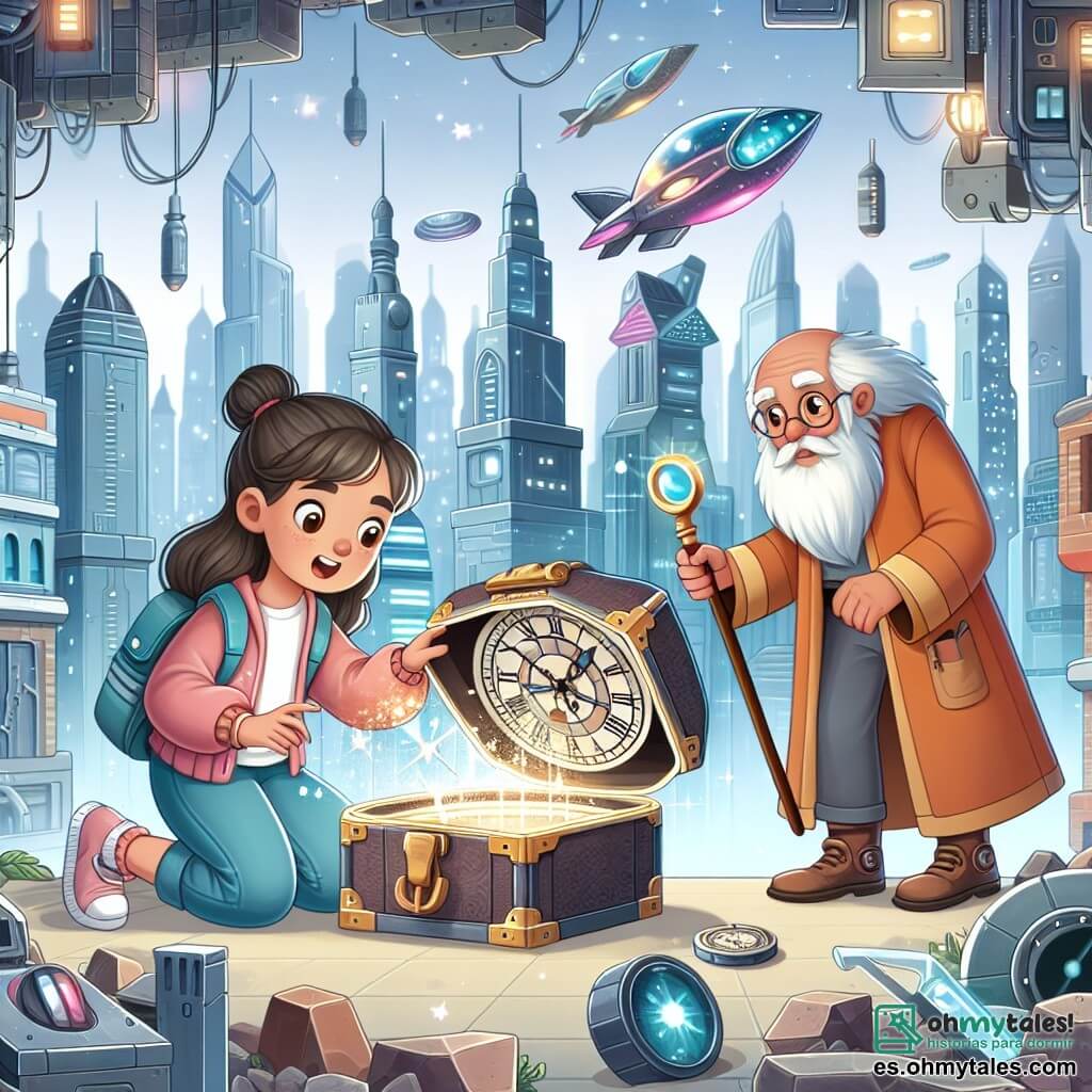 Une illustration destinée aux enfants représentant une fille curieuse et aventurière découvrant un reloj mystérieux chez sa grand-mère, accompagnée d'un sage ancien, dans une ville futuriste aux bâtiments brillants et aux véhicules volants.