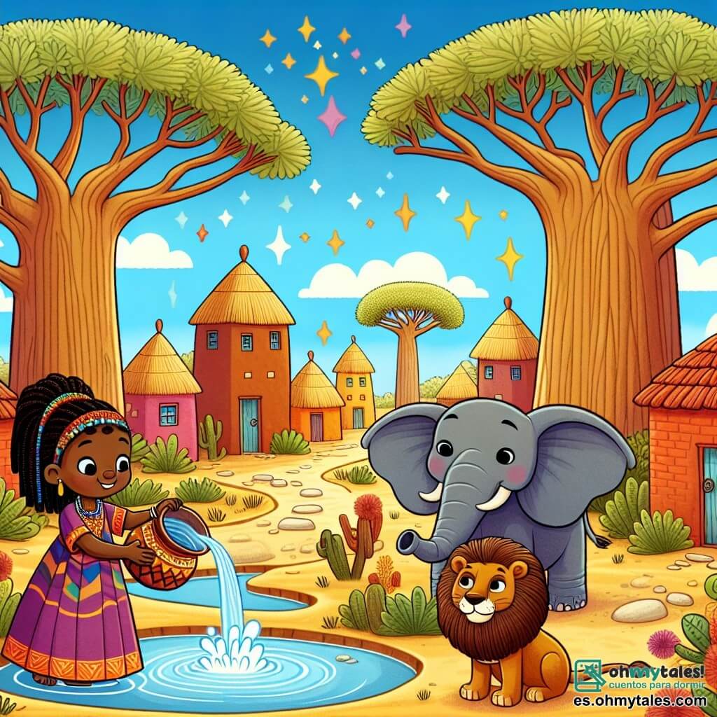 Une illustration sous forme de dessin destinée aux enfants représentant un village africain vibrant, avec des maisons en terre cuite et de grands baobabs sous un ciel bleu éclatant, où une jeune femme aux cheveux tressés et à la peau dorée, portant une robe colorée, verse de l'eau magique dans un ruisseau, tandis qu'un éléphant sage aux grandes oreilles et un lion majestueux aux yeux perçants l'observent avec bienveillance, symbolisant l'union de la nature et de la sagesse dans un moment de célébration et d'espoir pour la communauté.