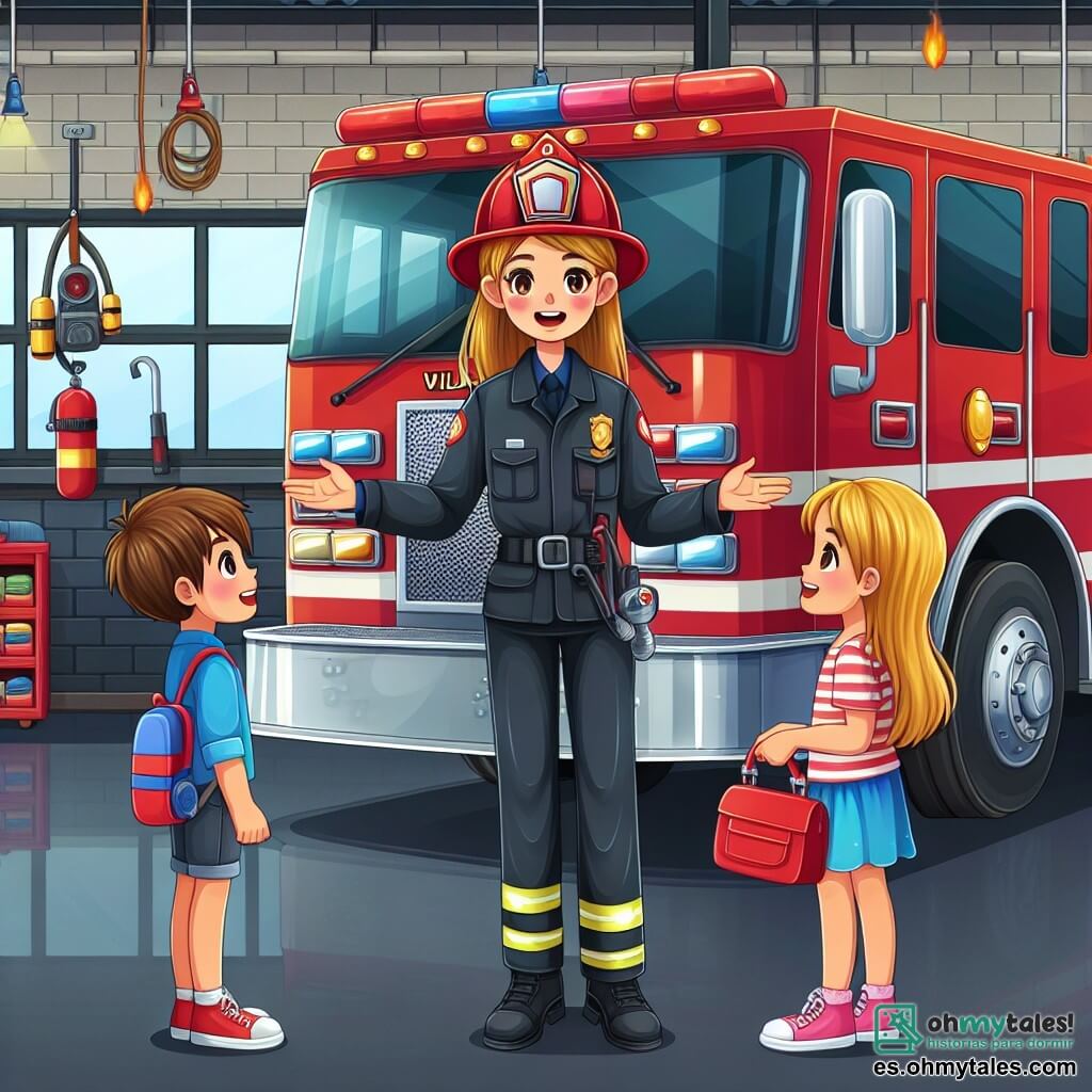 Une illustration destinée aux enfants représentant une courageuse femme pompier expliquant la sécurité incendie à deux enfants, un garçon et une fille, dans la station de pompiers de Villa Alegre, avec un grand camion rouge brillant et des équipements de sauvetage accrochés aux murs.