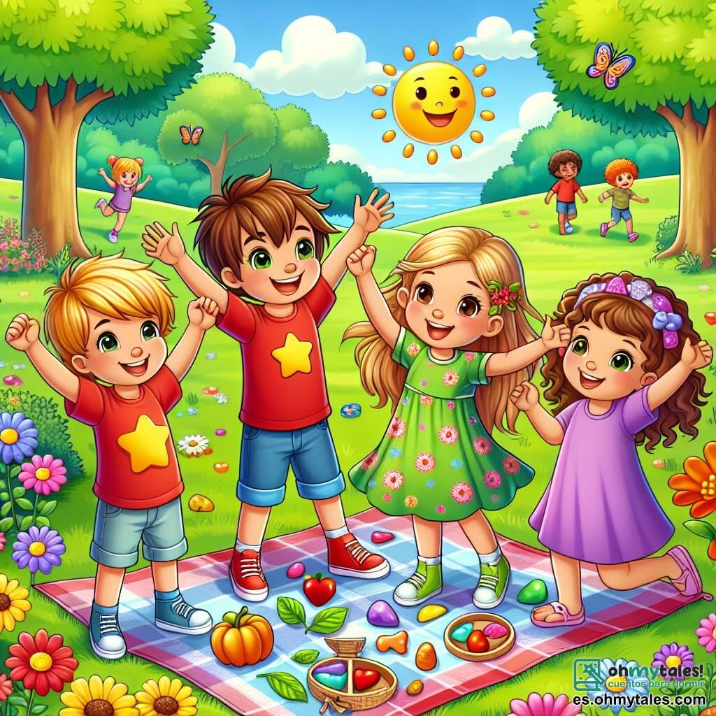 Ilustración que representa un parque soleado con árboles verdes, flores coloridas y un gran césped donde niños juegan alegremente. En el centro, un grupo de cuatro niños está de pie sobre la hierba: un niño de ocho años con cabello castaño desordenado, llevando una camiseta roja y un pantalón corto azul, sonriendo con entusiasmo; una niña de ocho años con trenzas rubias, vestida con un vestido de flores, levantando los brazos al aire con alegría; un niño de siete años con gafas y cabello castaño, sosteniendo una piedra en forma de corazón, mostrando una gran sonrisa; y una niña de siete años con cabello rizado y una camiseta morada, sosteniendo una hoja amarilla brillante, riendo con sus amigos. La escena muestra a estos niños celebrando su descubrimiento durante una búsqueda del tesoro sin pantallas, rodeados de sus hallazgos coloridos extendidos sobre una manta de picnic. Al fondo, otros niños juegan al aire libre, añadiendo un ambiente festivo y dinámico a la ilustración.