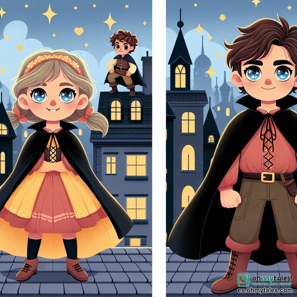 Une illustration destinée aux enfants représentant une jeune fille aux yeux brillants comme des étoiles, se tenant fièrement sur un toit de la ville de Luzestrella, accompagnée de son fidèle ami, un garçon courageux aux cheveux bruns ébouriffés, prêts à affronter un méchant dans une cape sombre.