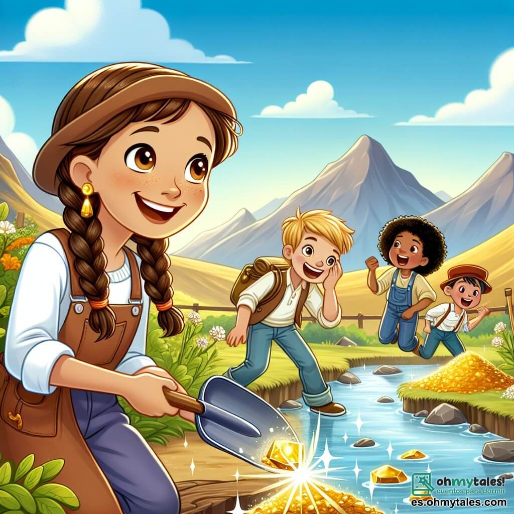 Une illustration sous forme de dessin destinée aux enfants représentant un paysage ensoleillé des Montagnes Dorées, avec des collines dorées et un ciel bleu éclatant, où une jeune femme courageuse aux cheveux bruns tressés et aux yeux pétillants, tenant une pelle, découvre une pépite d'or brillante dans un ruisseau, entourée de deux amis : un garçon aux cheveux blonds et au sourire malicieux qui l'encourage, et une fille aux cheveux noirs et bouclés qui rit joyeusement, tandis qu'un groupe de concurrents les observe avec surprise, capturant l'esprit d'aventure et d'amitié de leur quête de trésor.